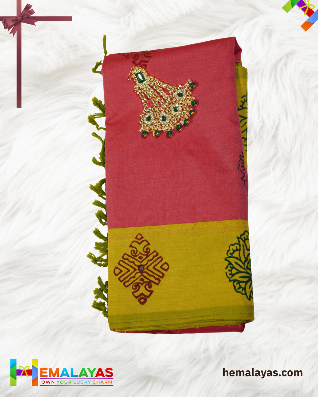 Rani Pink & Mustard Polycotton Printed Saree
