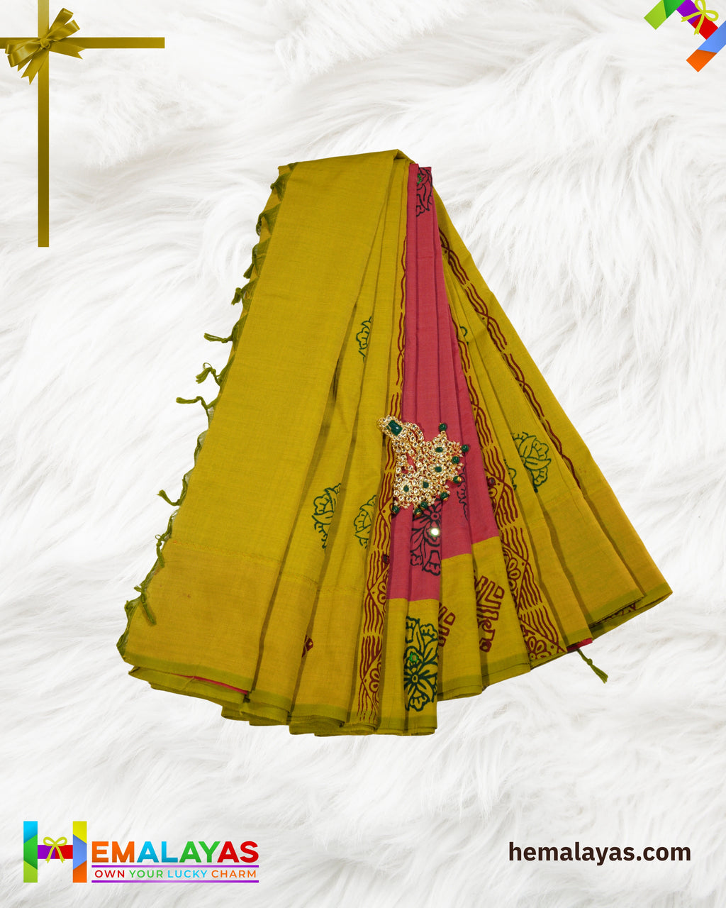 Rani Pink & Mustard Polycotton Printed Saree