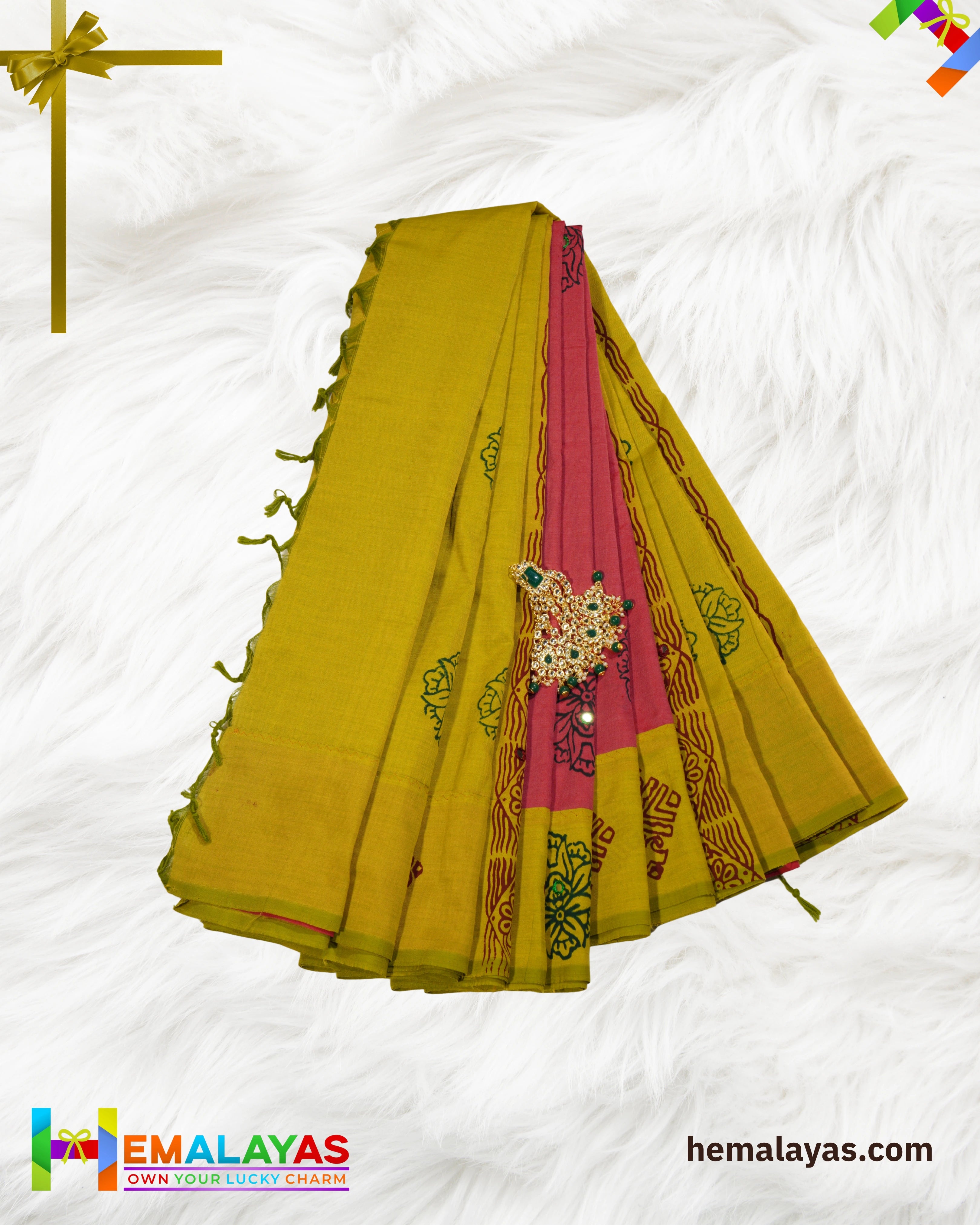 Rani Pink & Mustard Polycotton Printed Saree