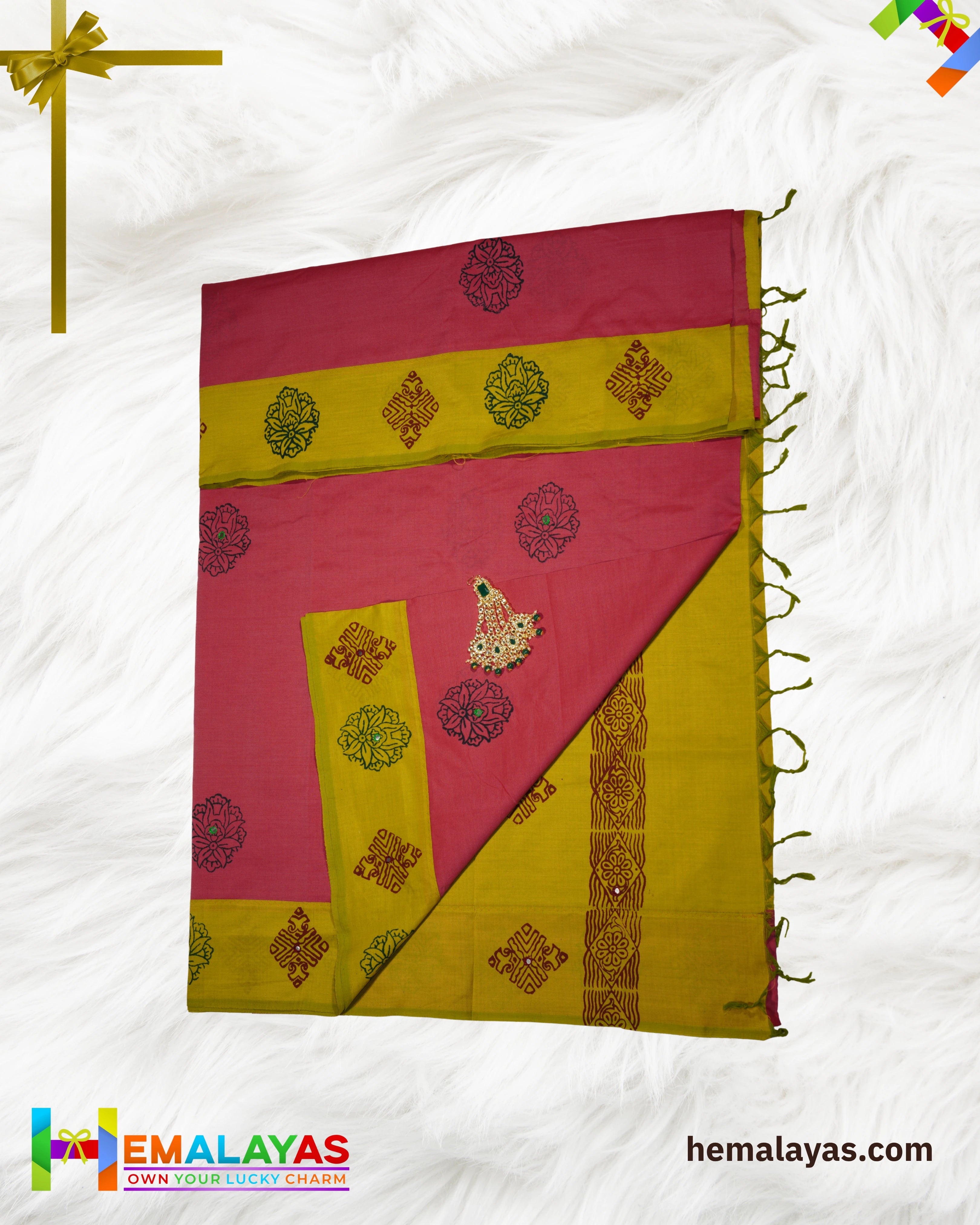 Rani Pink & Mustard Polycotton Printed Saree