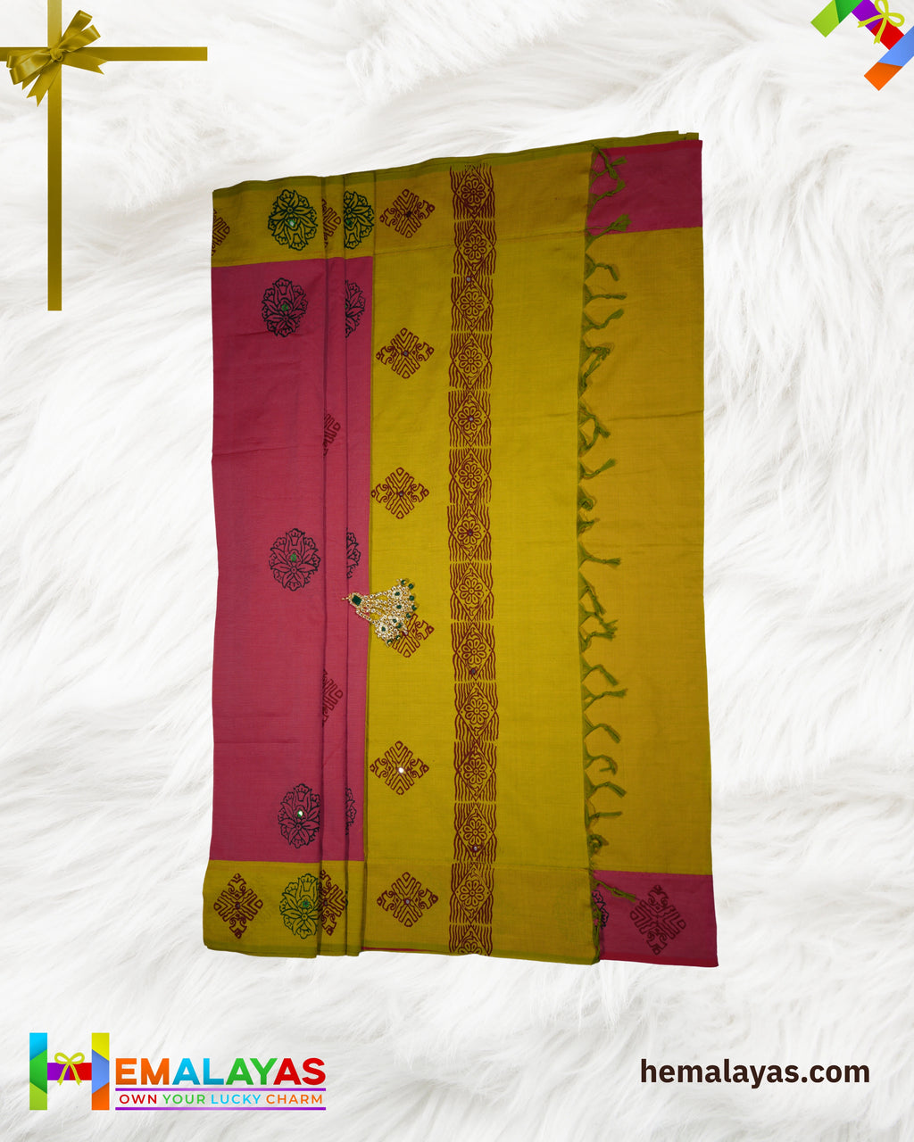 Rani Pink & Mustard Polycotton Printed Saree