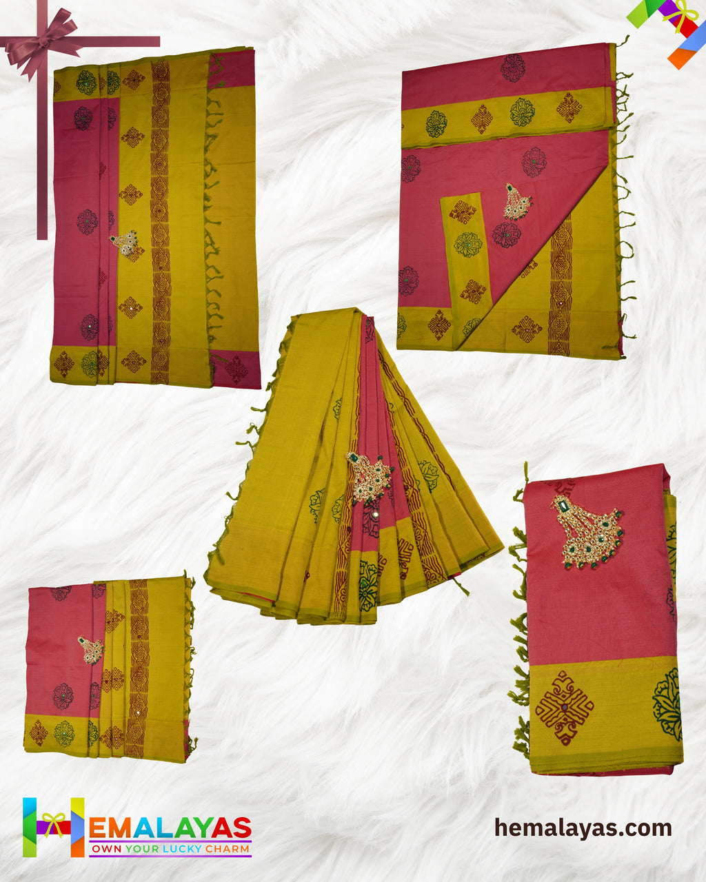 Rani Pink & Mustard Polycotton Printed Saree