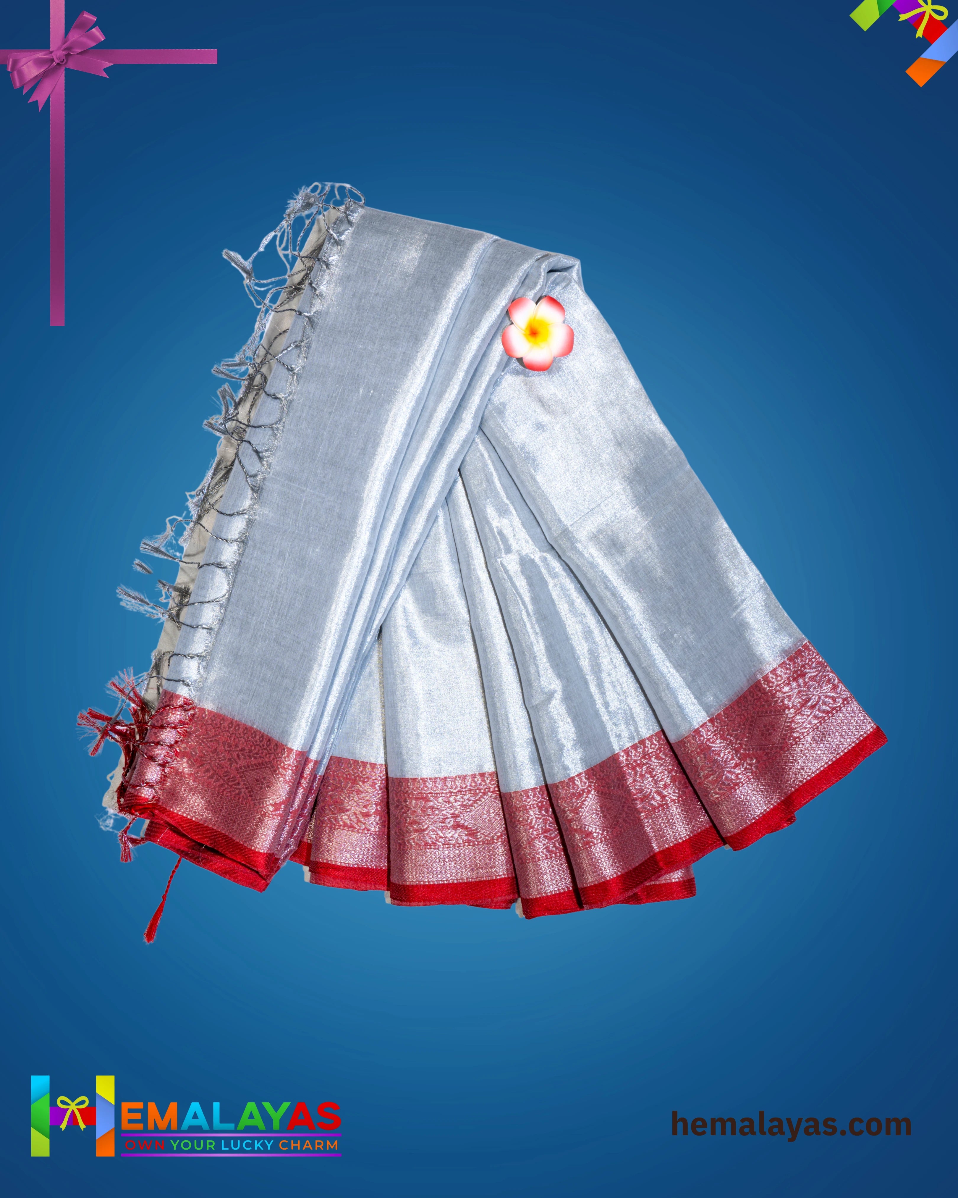 Silver Grey Soft Raga Tissue Saree with Contrast Zari Border