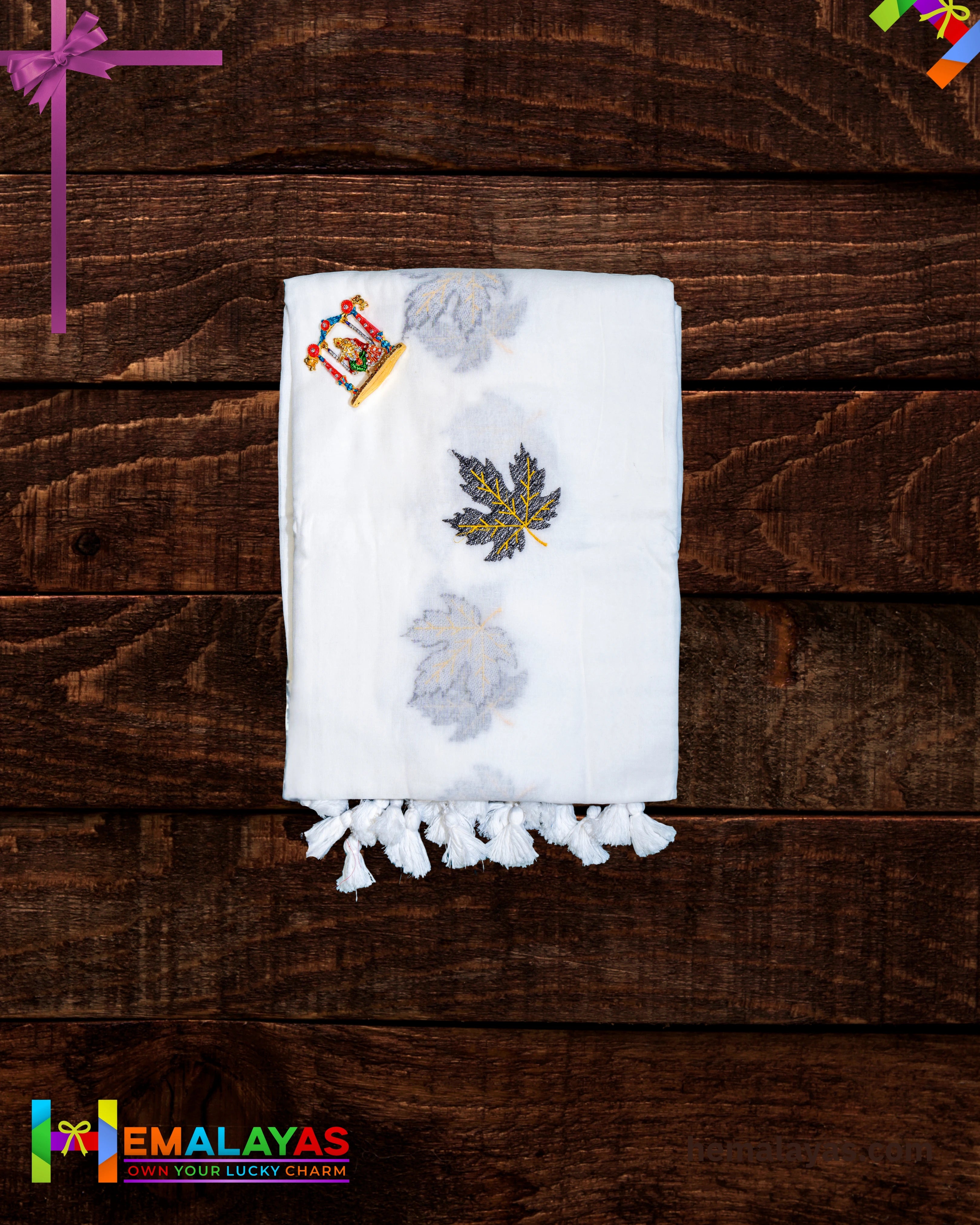 White Mul Cotton Saree with Big Leaf Embroidery