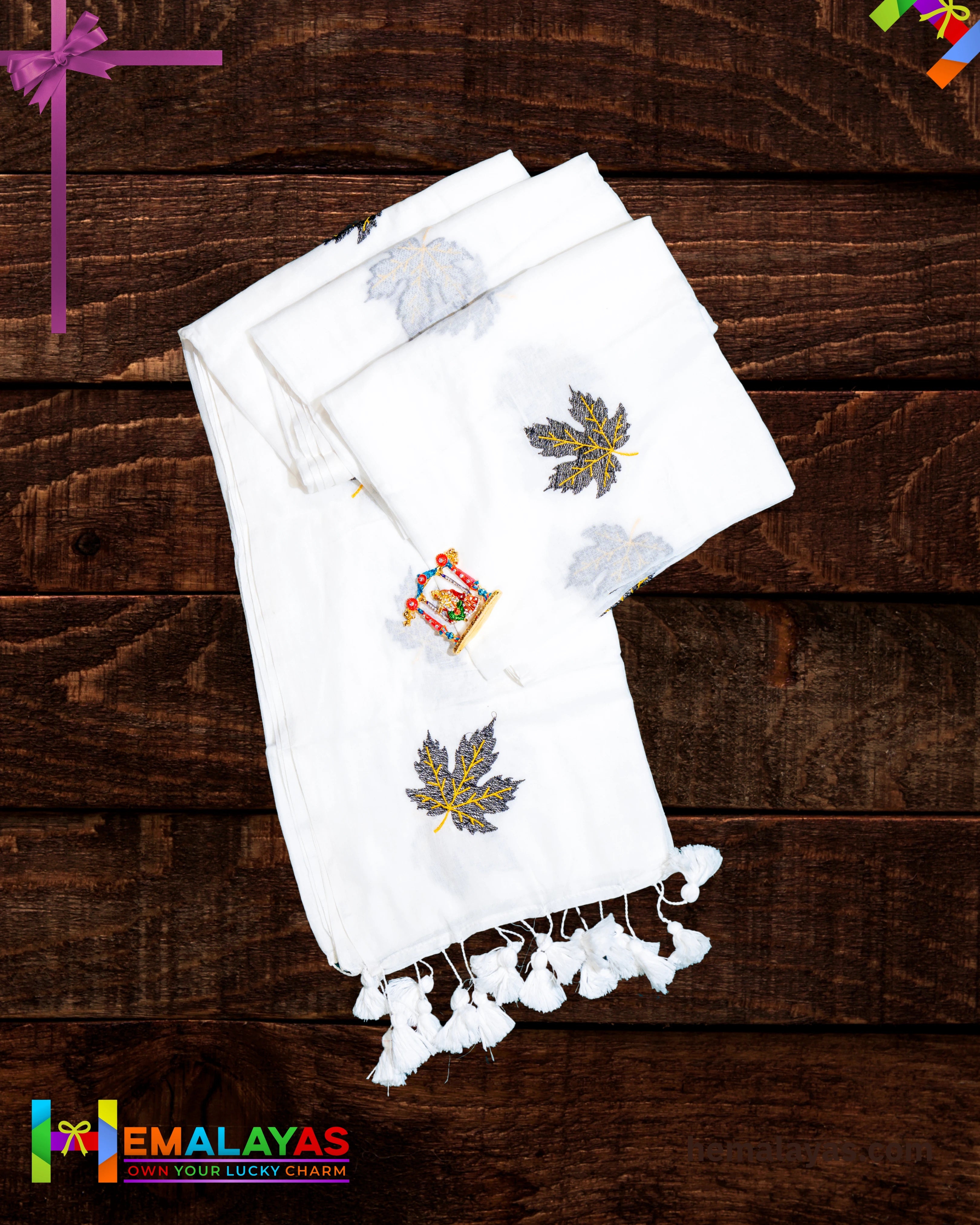 White Mul Cotton Saree with Big Leaf Embroidery