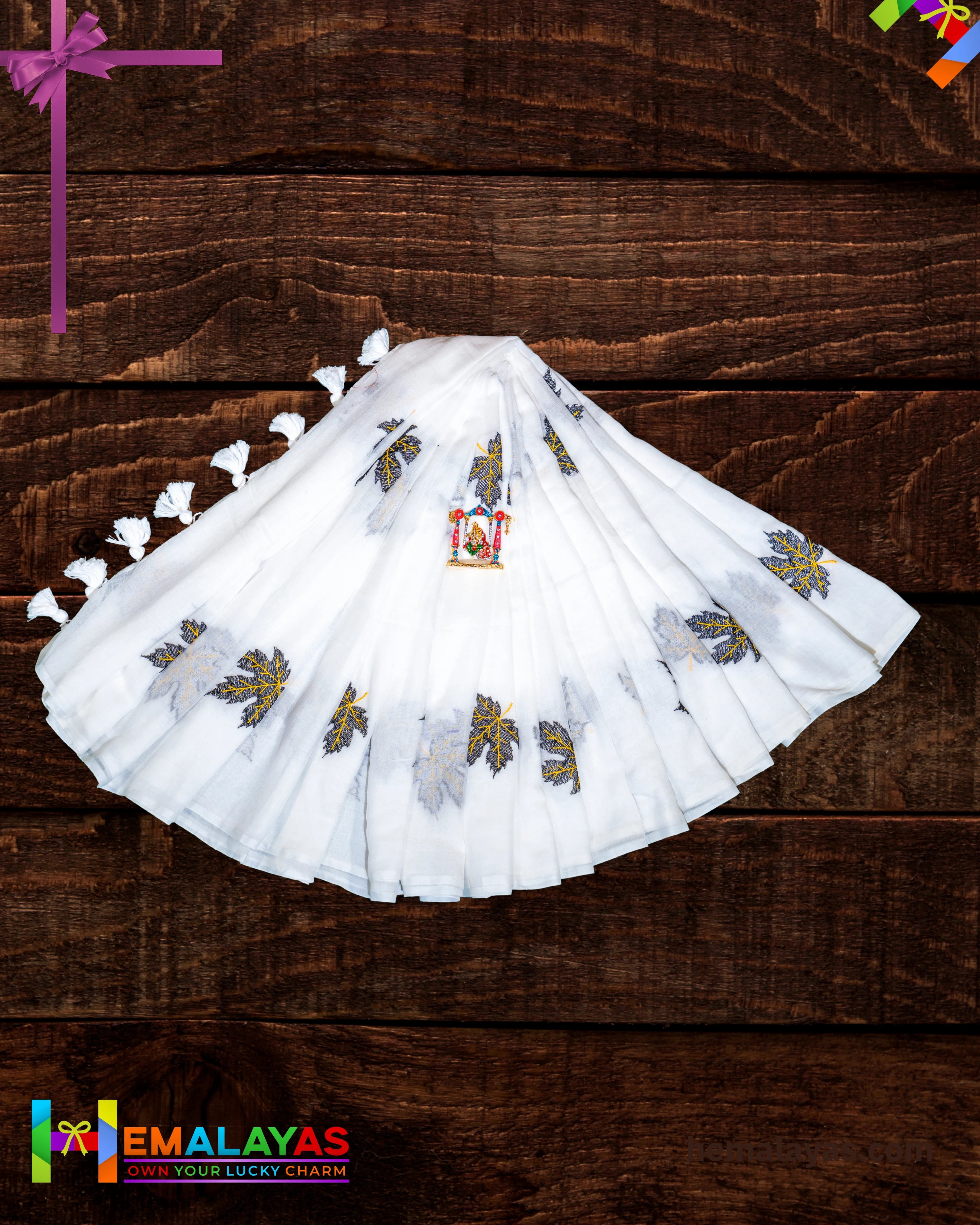 White Mul Cotton Saree with Big Leaf Embroidery