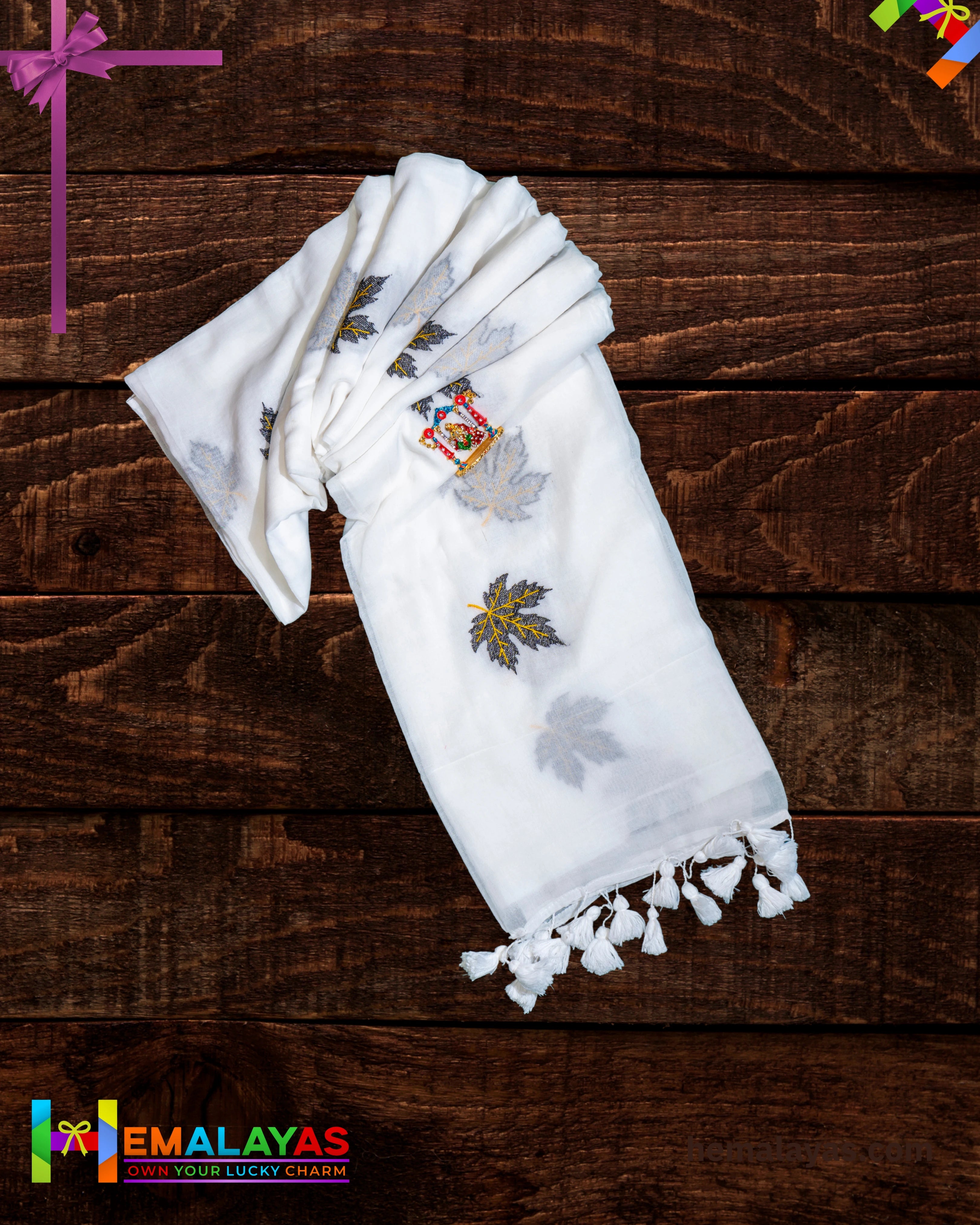 White Mul Cotton Saree with Big Leaf Embroidery