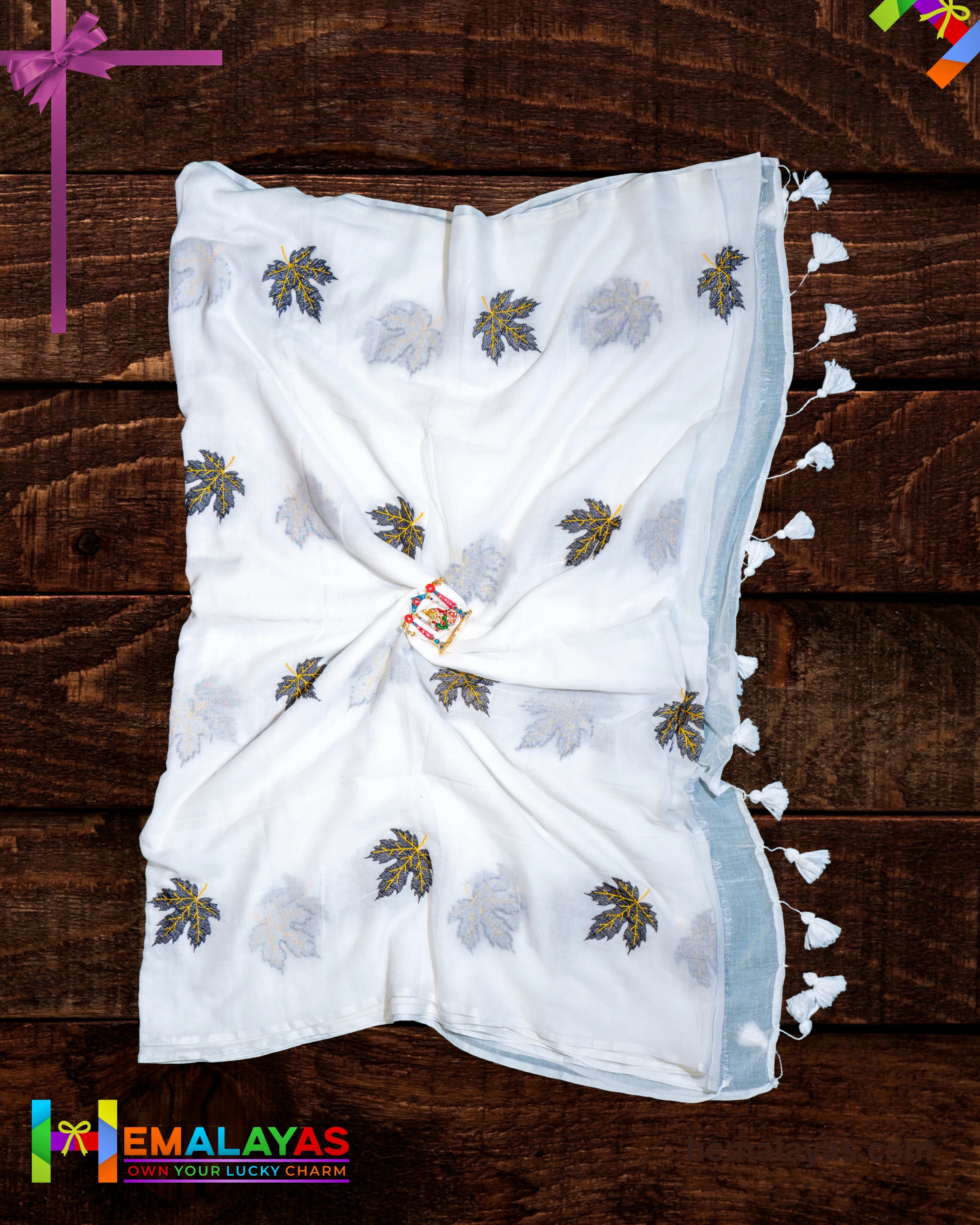 White Mul Cotton Saree with Big Leaf Embroidery