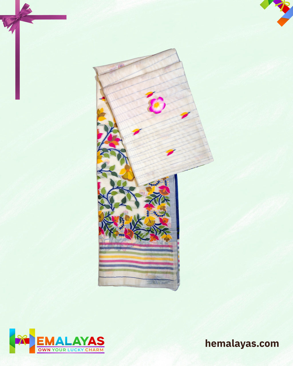 White Handloom Cotton Silk Flower Jamdani Saree