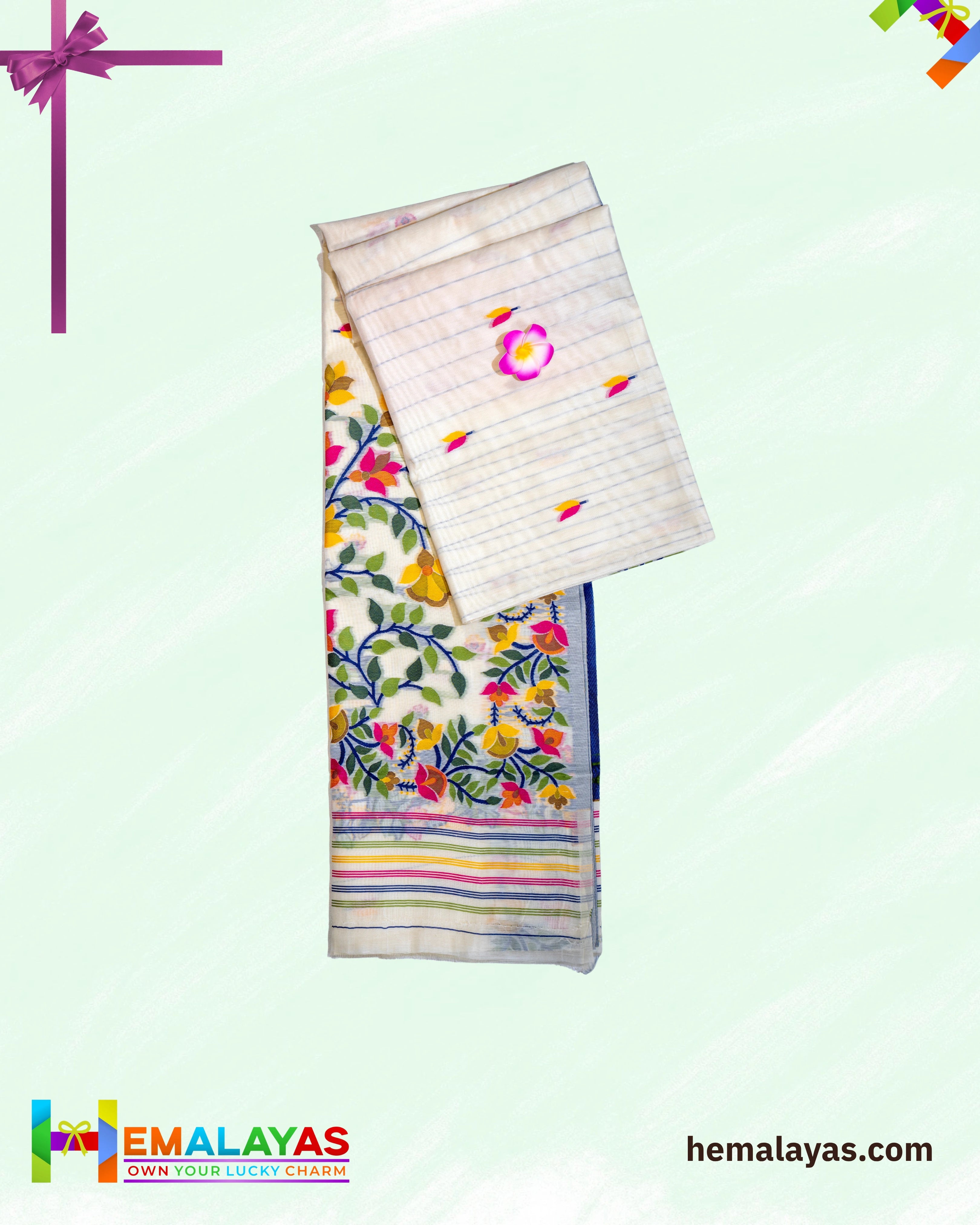 White Handloom Cotton Silk Flower Jamdani Saree