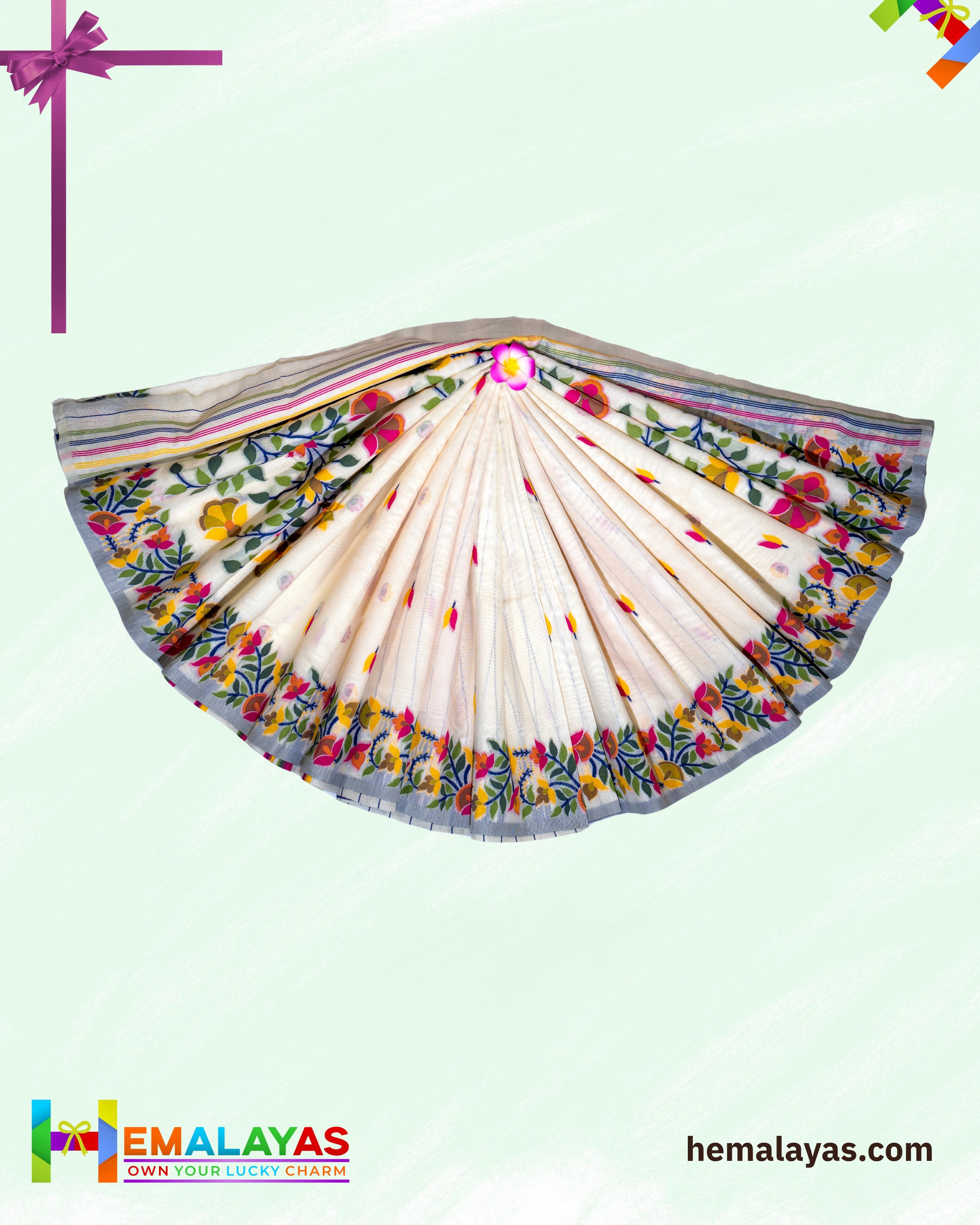 White Handloom Cotton Silk Flower Jamdani Saree