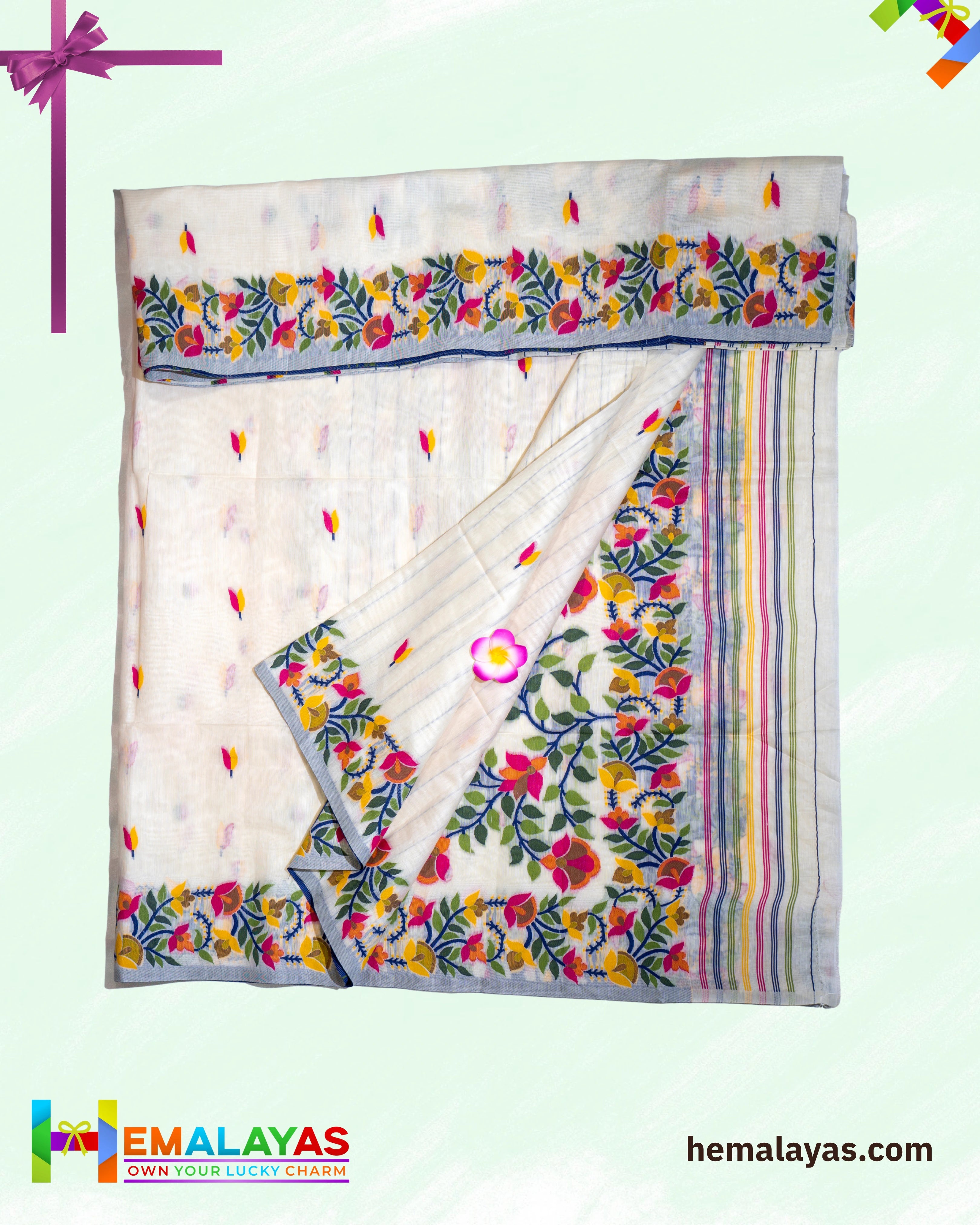 White Handloom Cotton Silk Flower Jamdani Saree