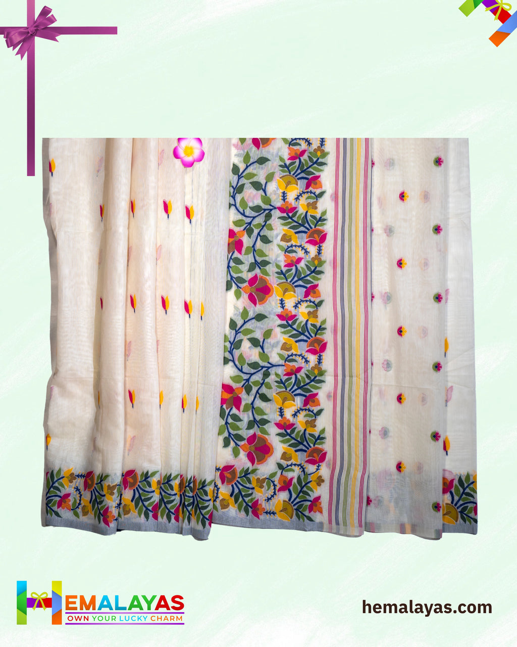 White Handloom Cotton Silk Flower Jamdani Saree