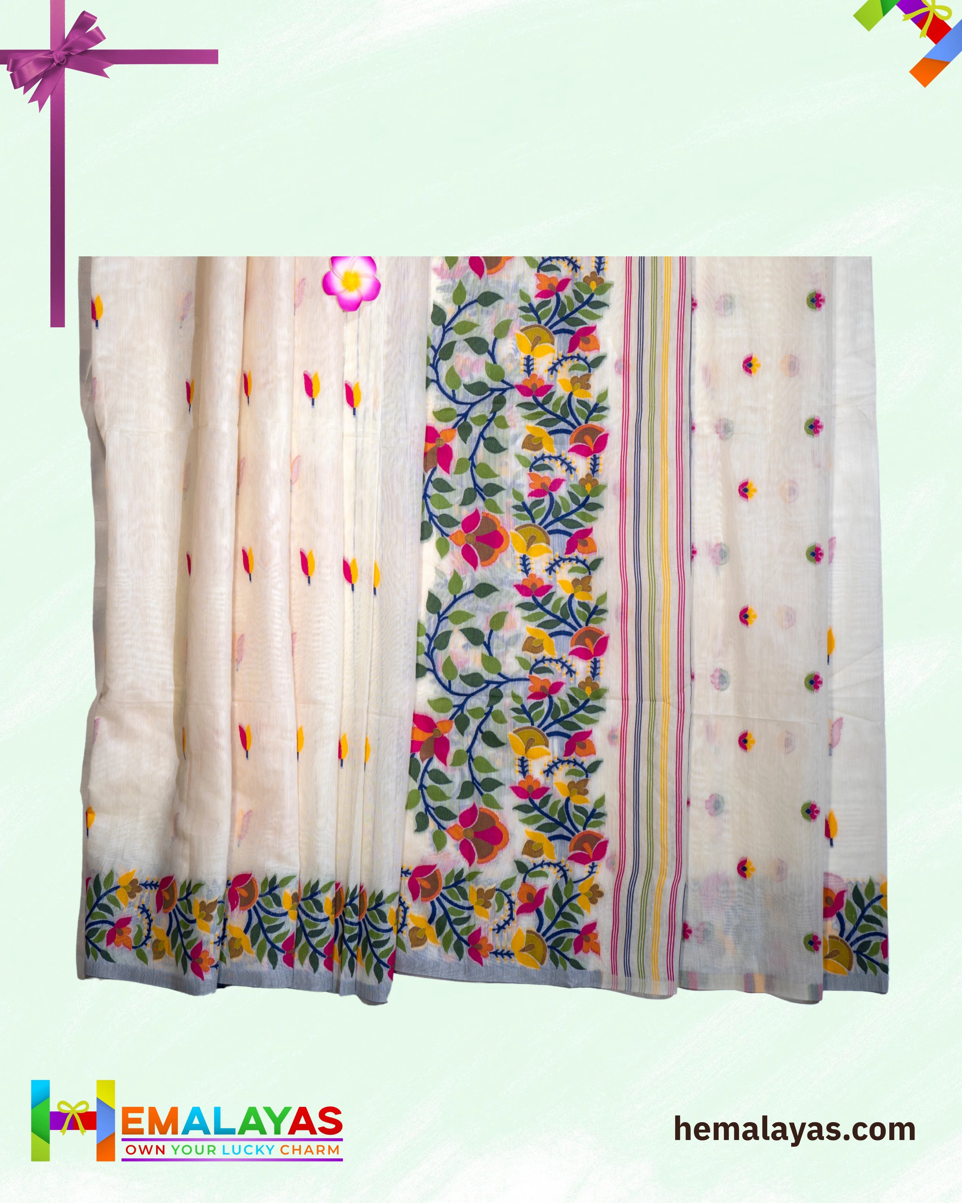 White Handloom Cotton Silk Flower Jamdani Saree