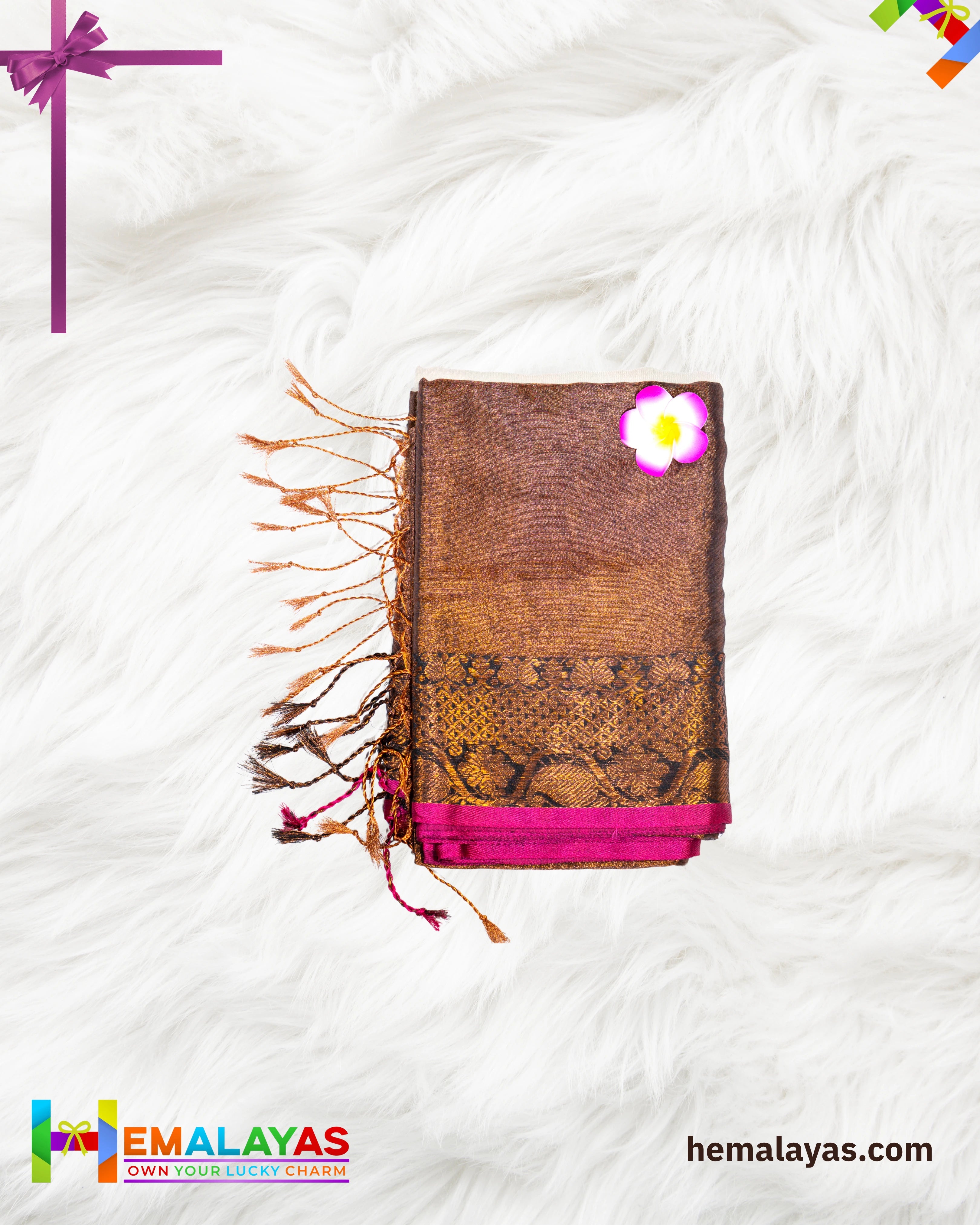 Coffee Brown Tissue Saree with Pink Border