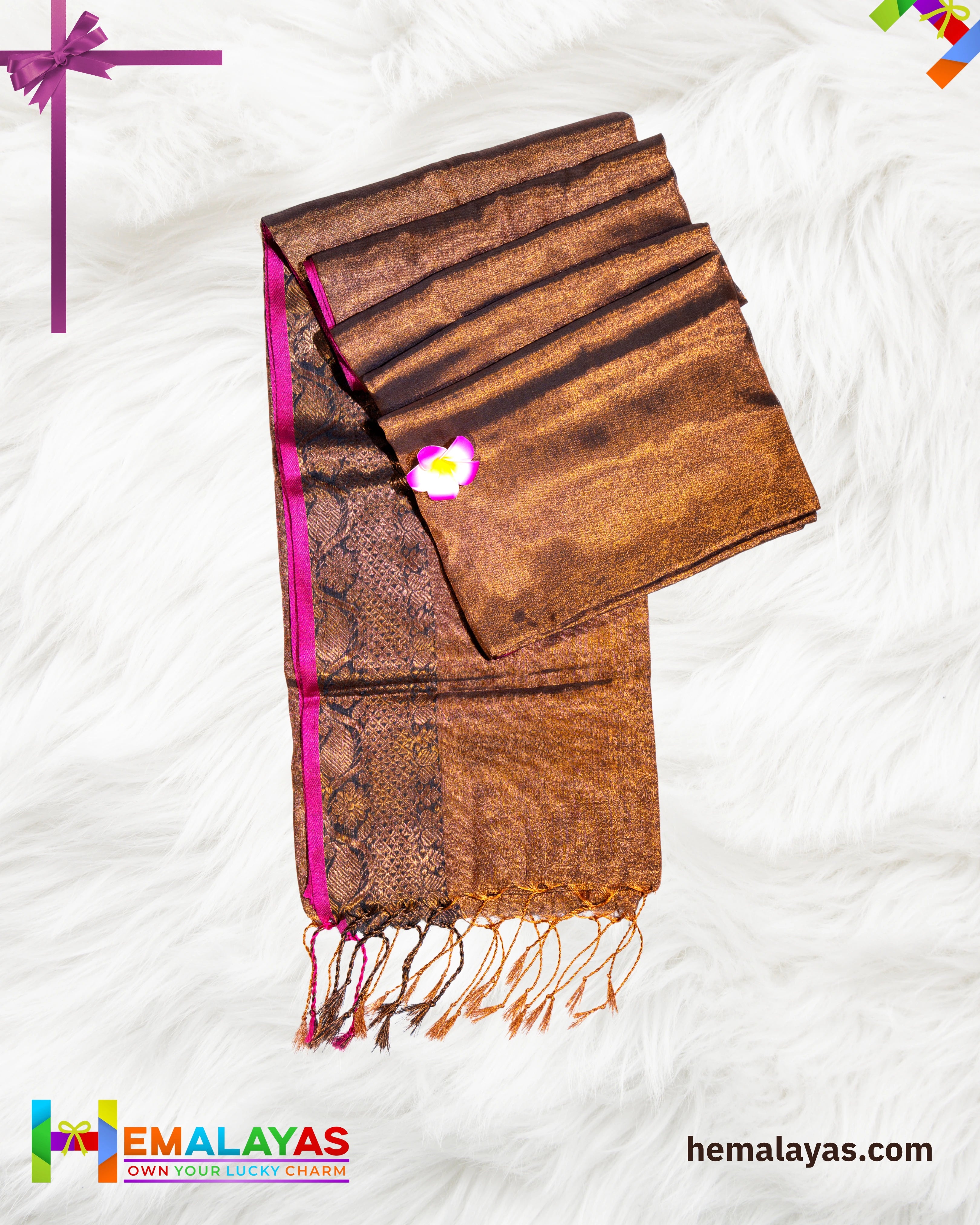 Coffee Brown Tissue Saree with Pink Border