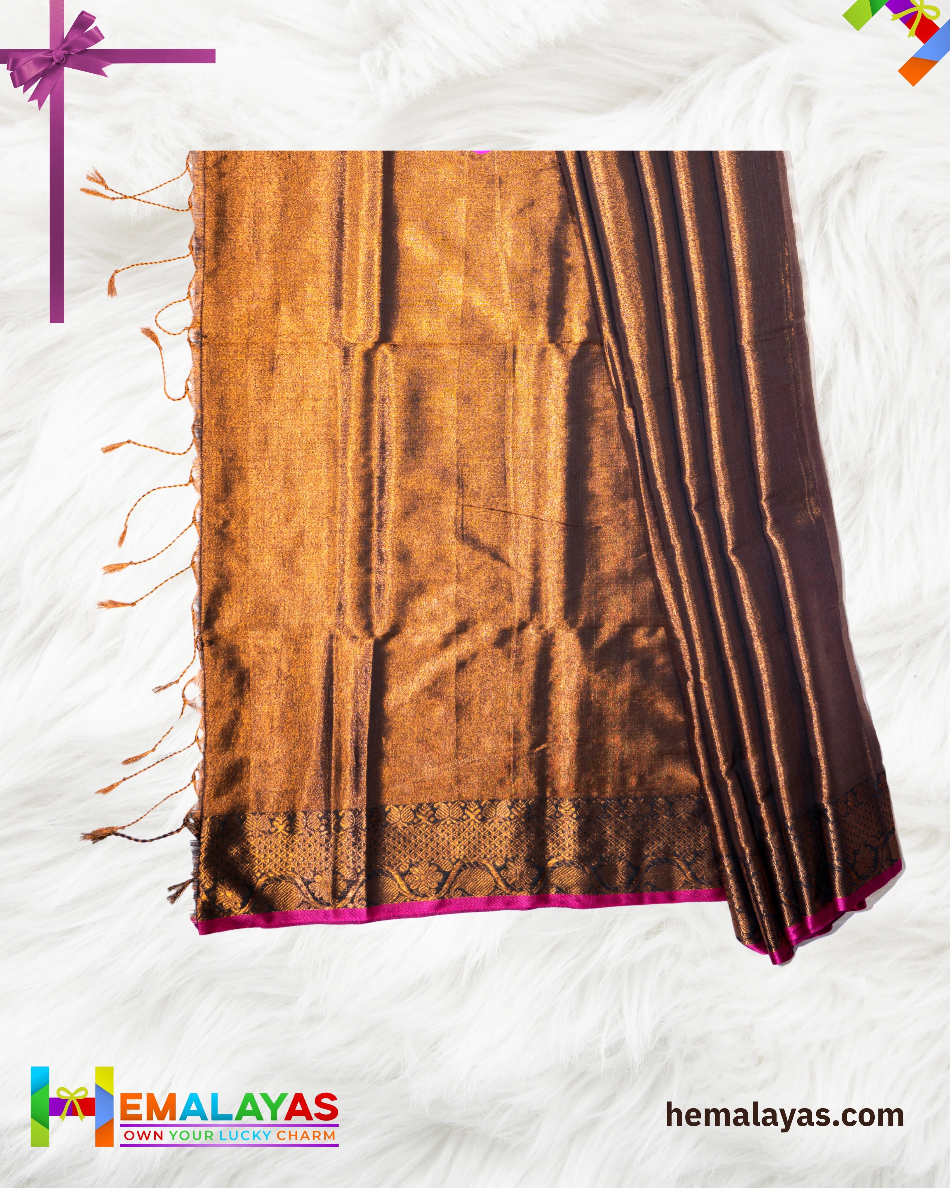 Coffee Brown Tissue Saree with Pink Border
