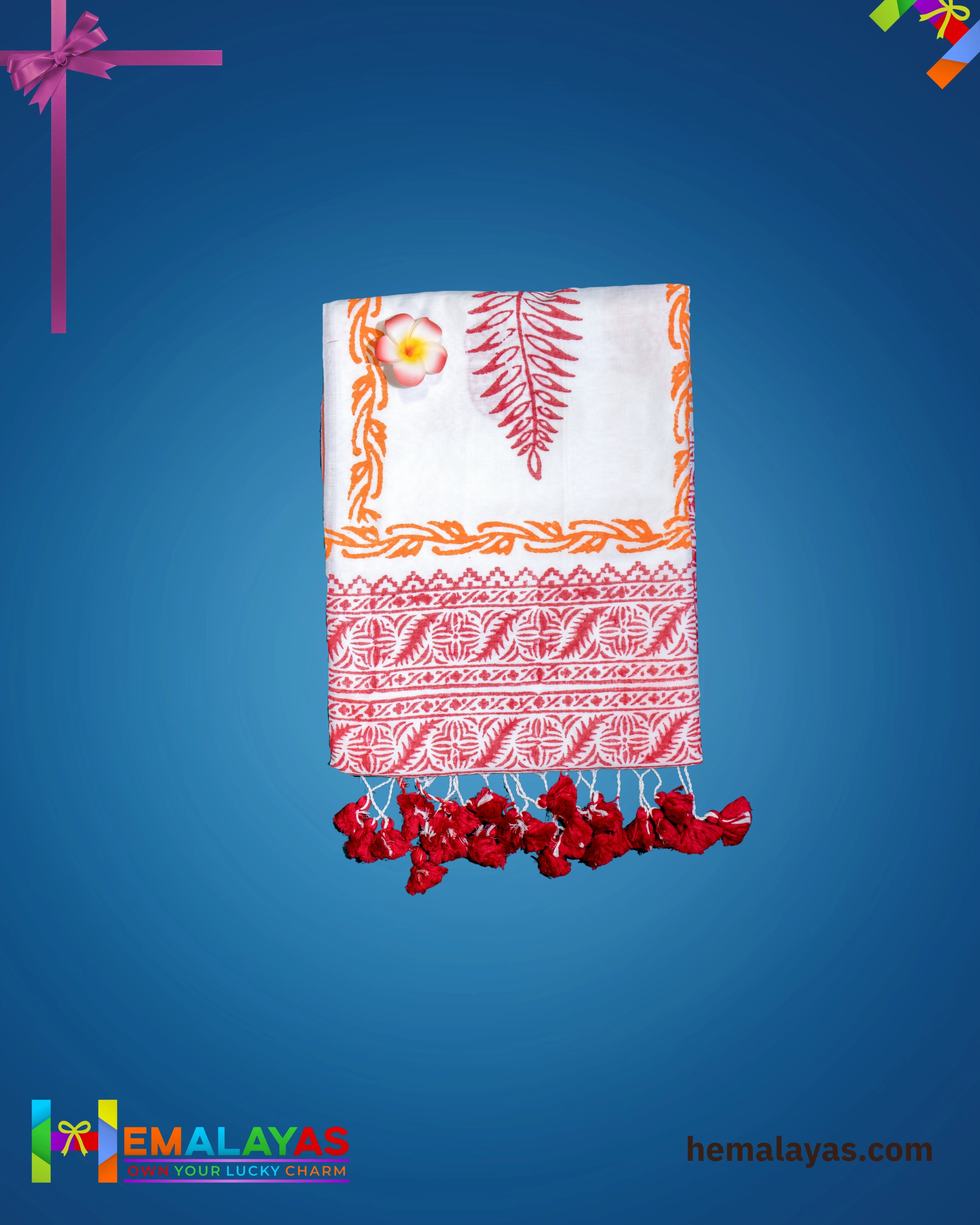 White & Red Traditional Printed Cotton Saree