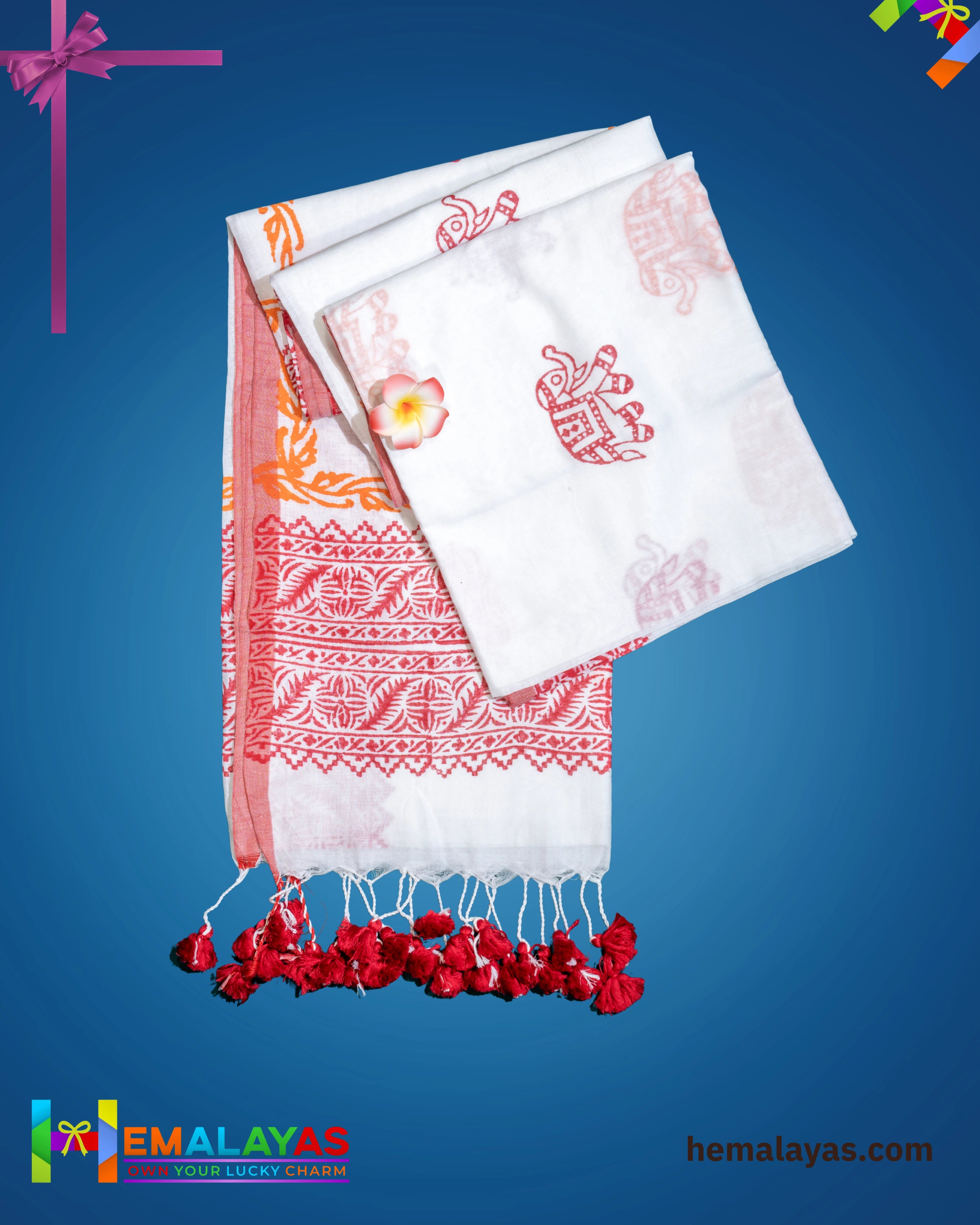 White & Red Traditional Printed Cotton Saree