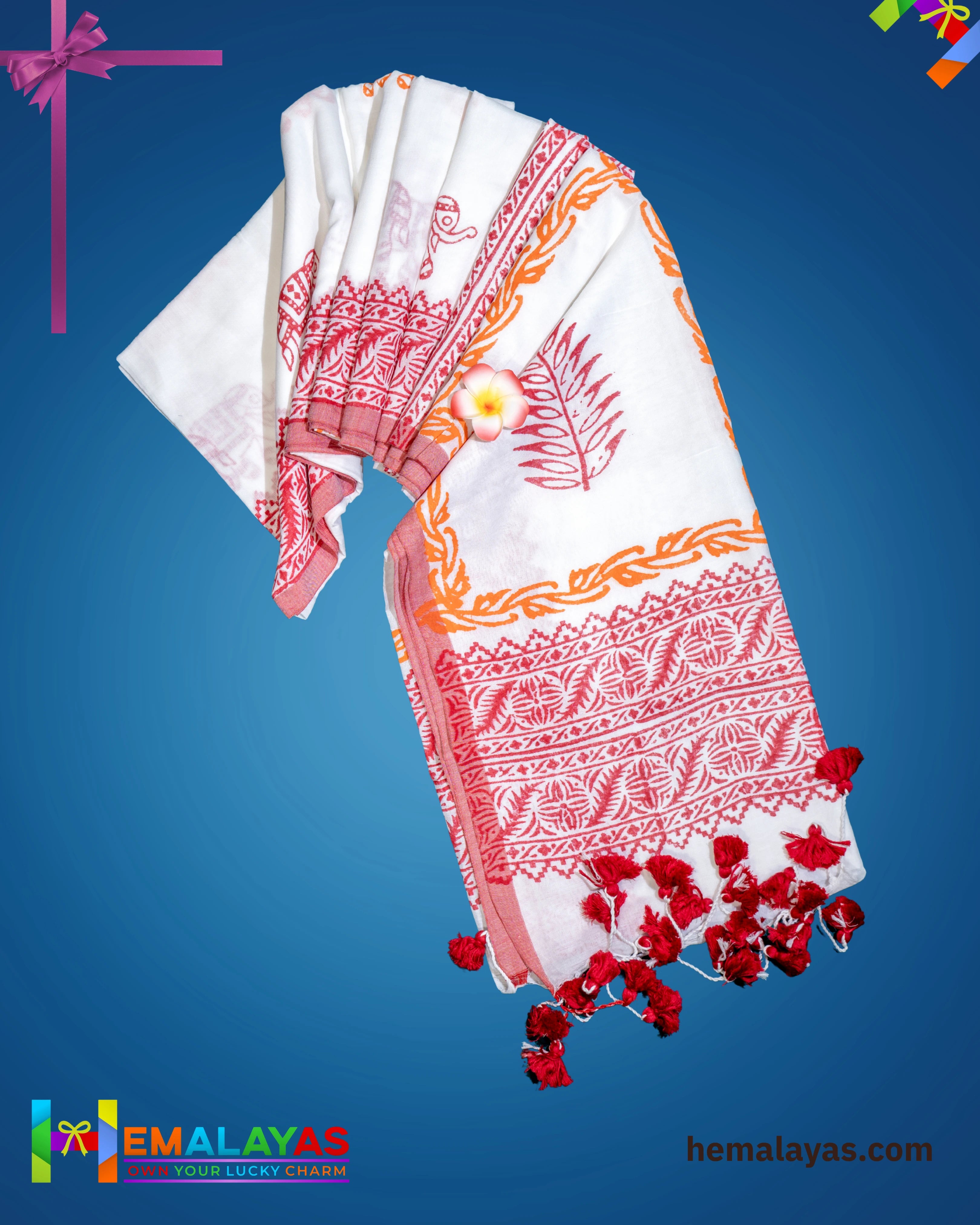 White & Red Traditional Printed Cotton Saree