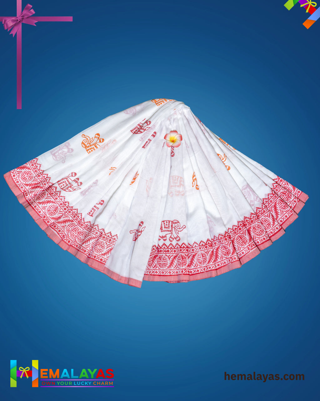 White & Red Traditional Printed Cotton Saree