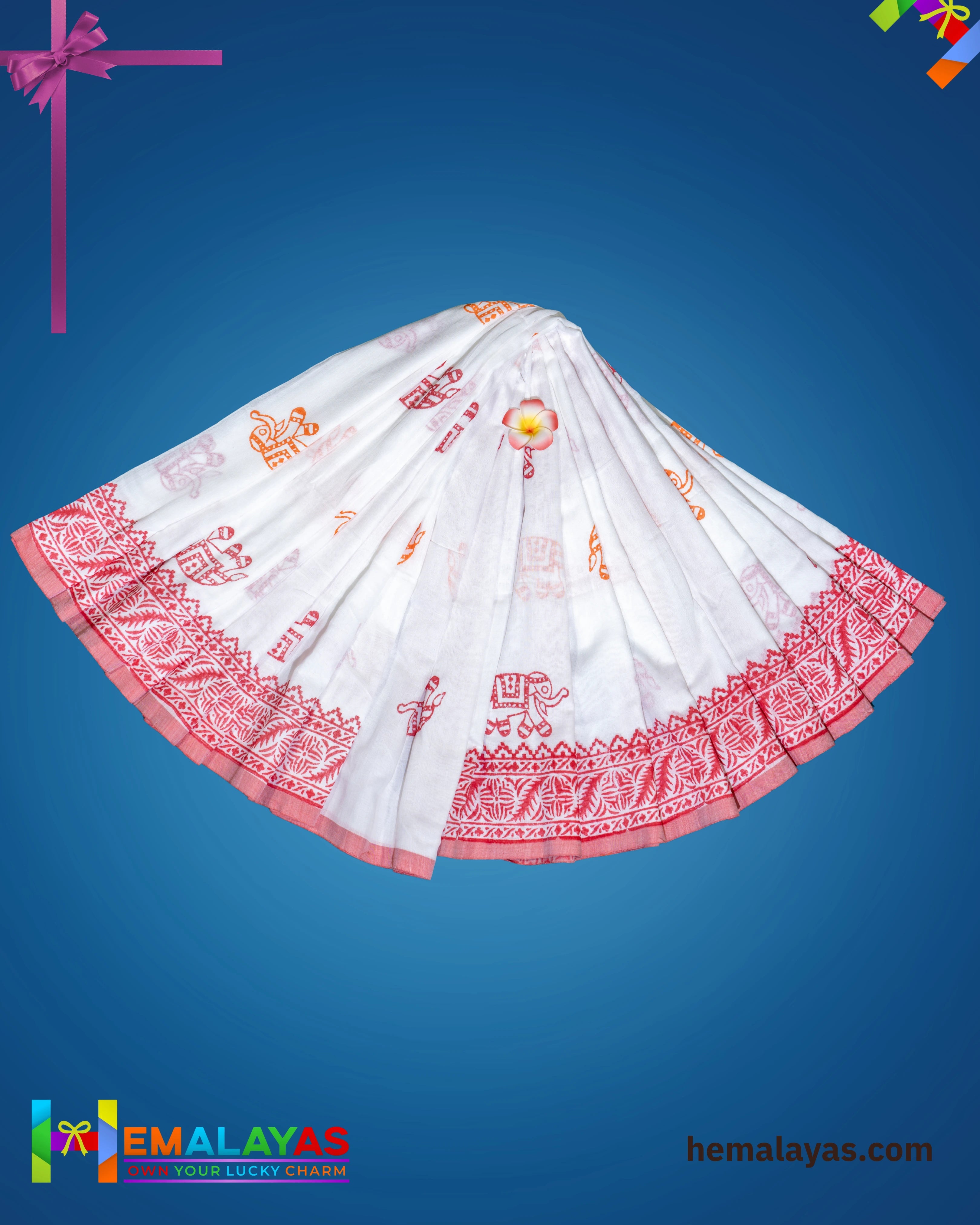 White & Red Traditional Printed Cotton Saree