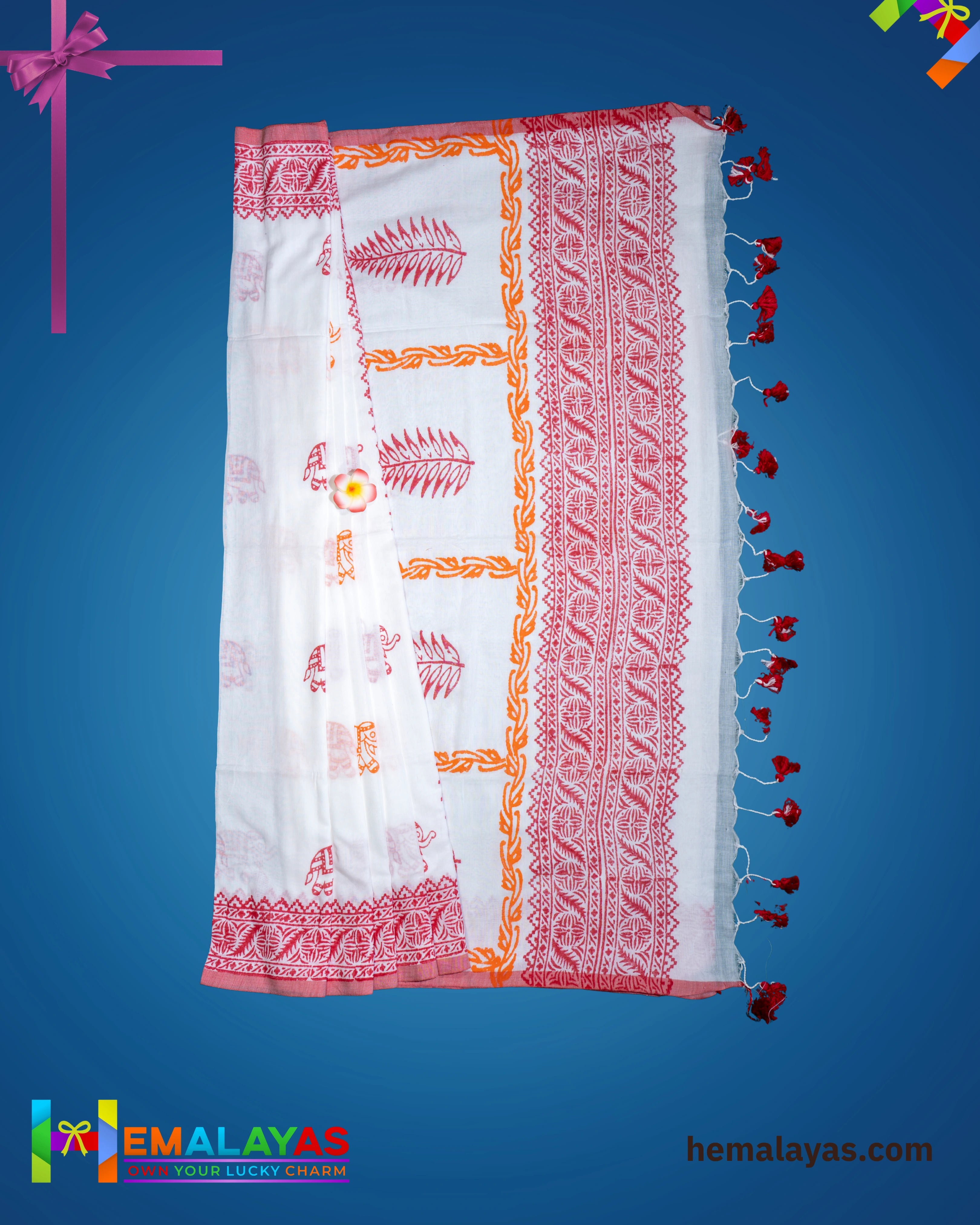 White & Red Traditional Printed Cotton Saree