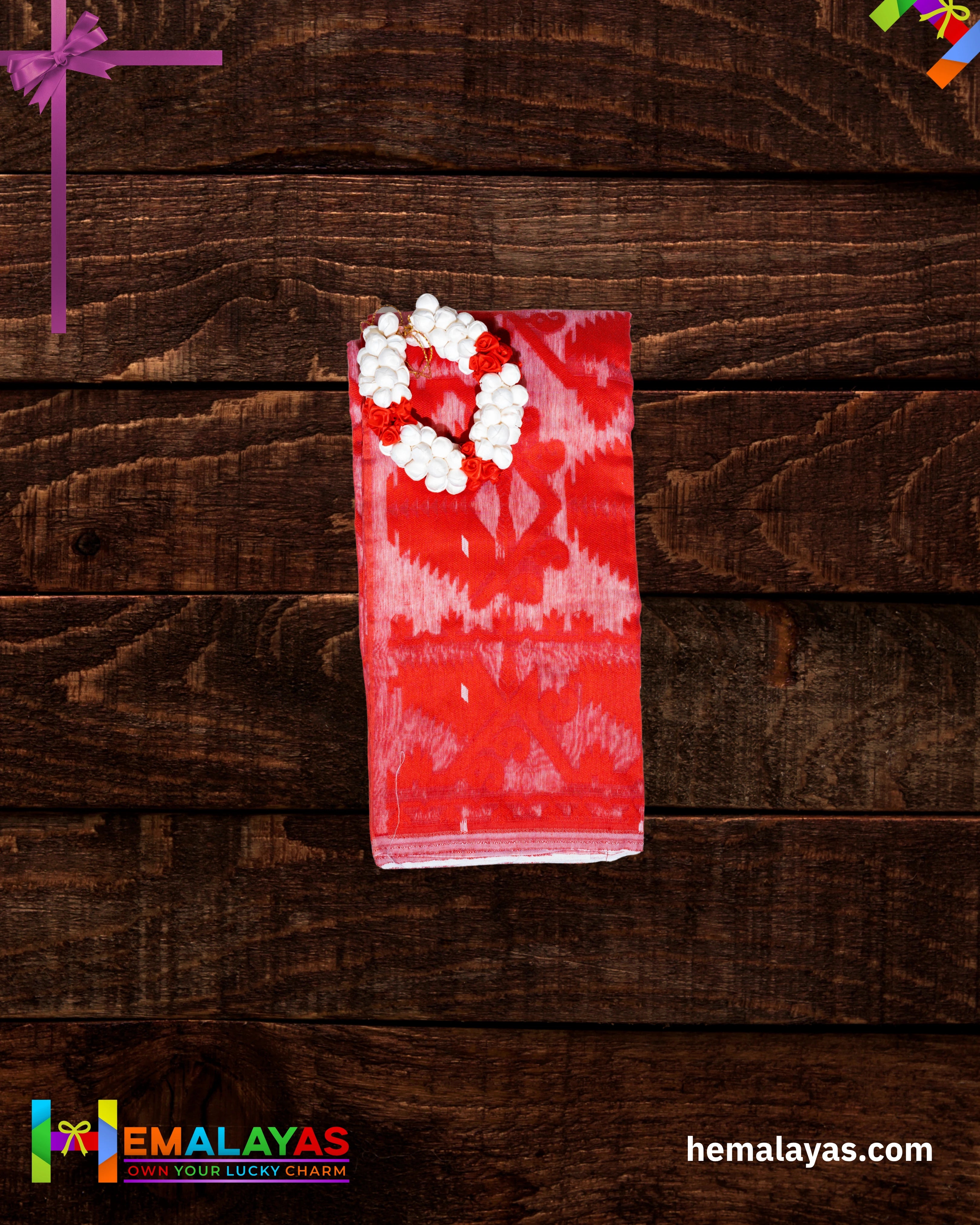 White Dhakai Jamdani Saree with Red Minakari Border