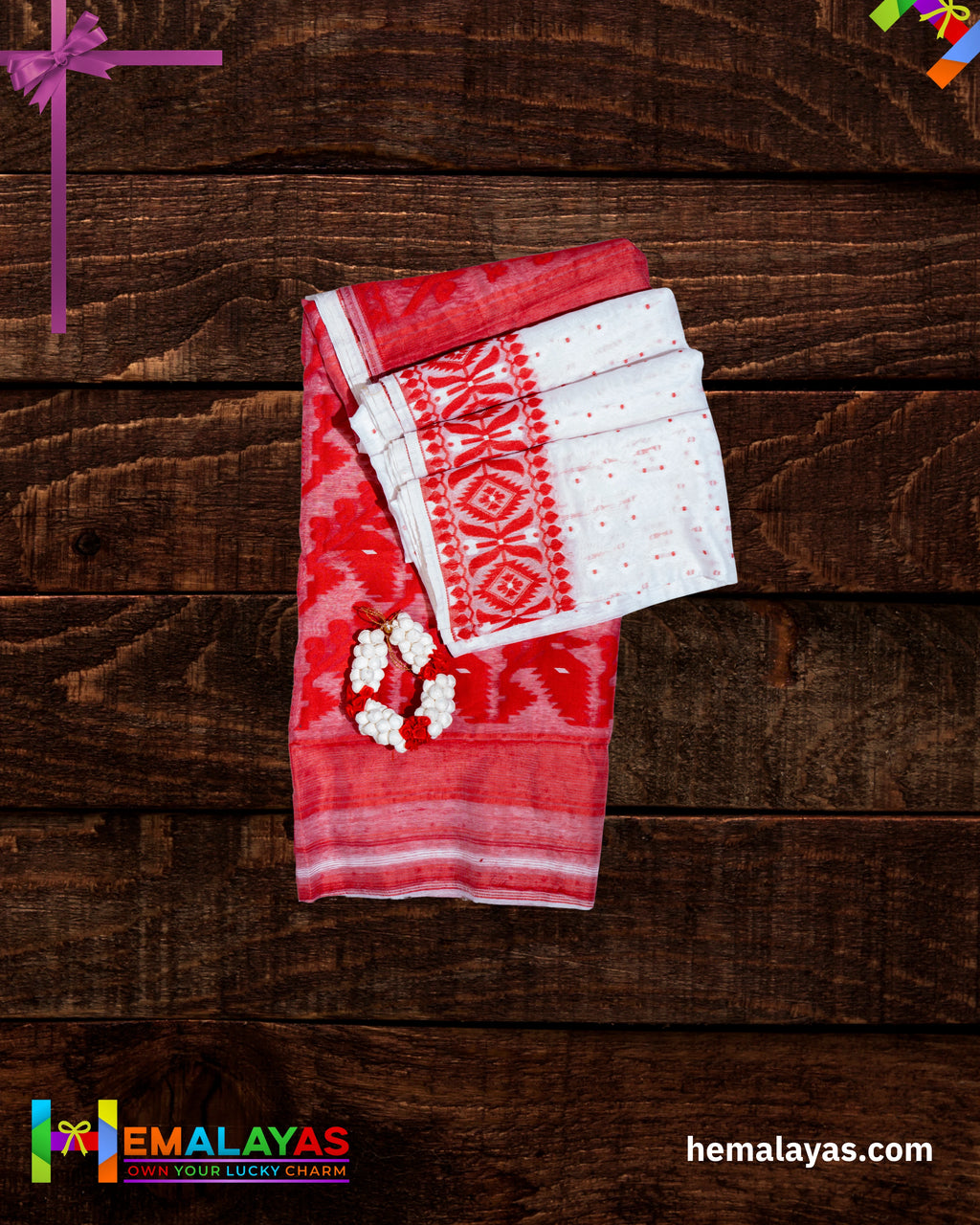 White Dhakai Jamdani Saree with Red Minakari Border