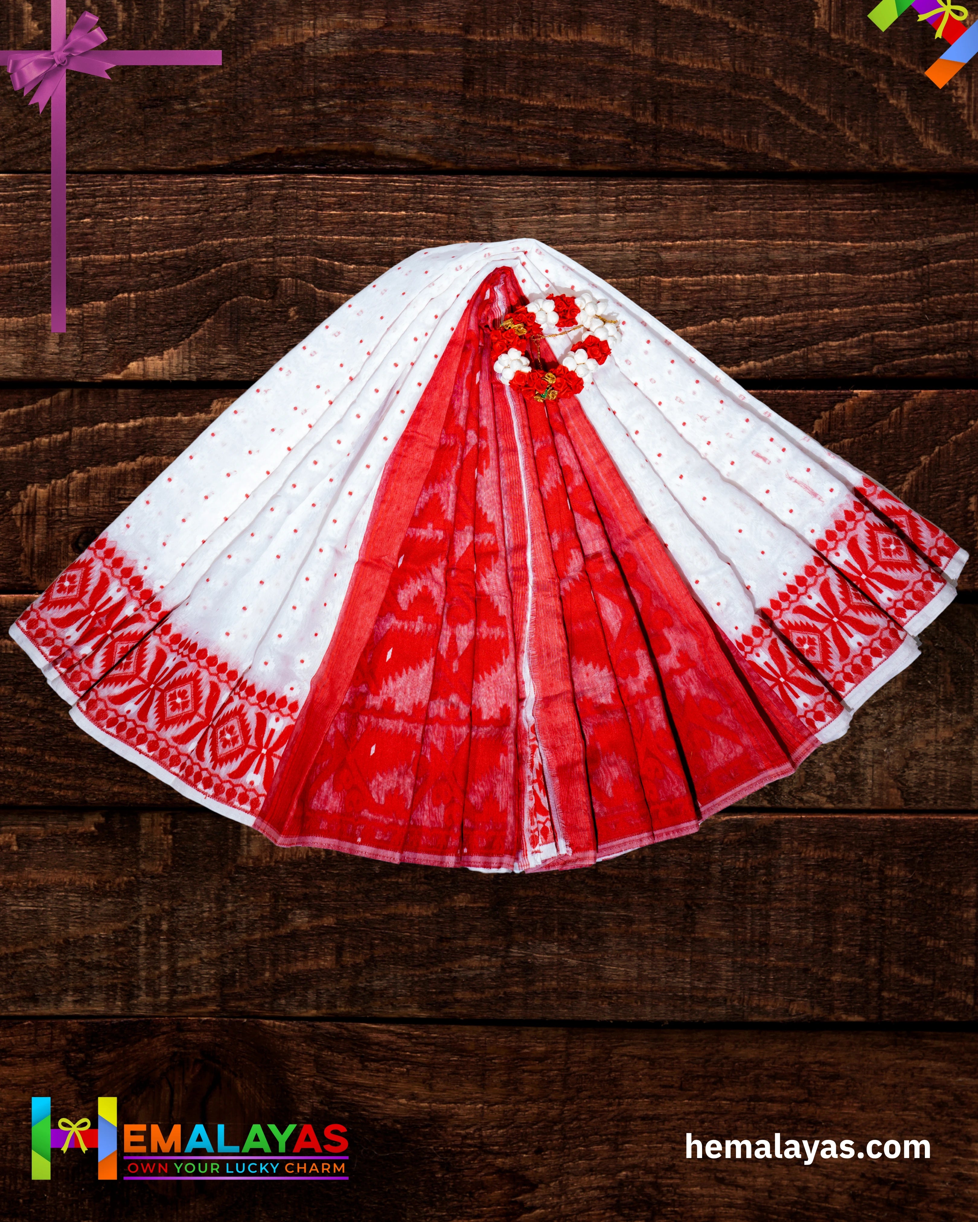 White Dhakai Jamdani Saree with Red Minakari Border