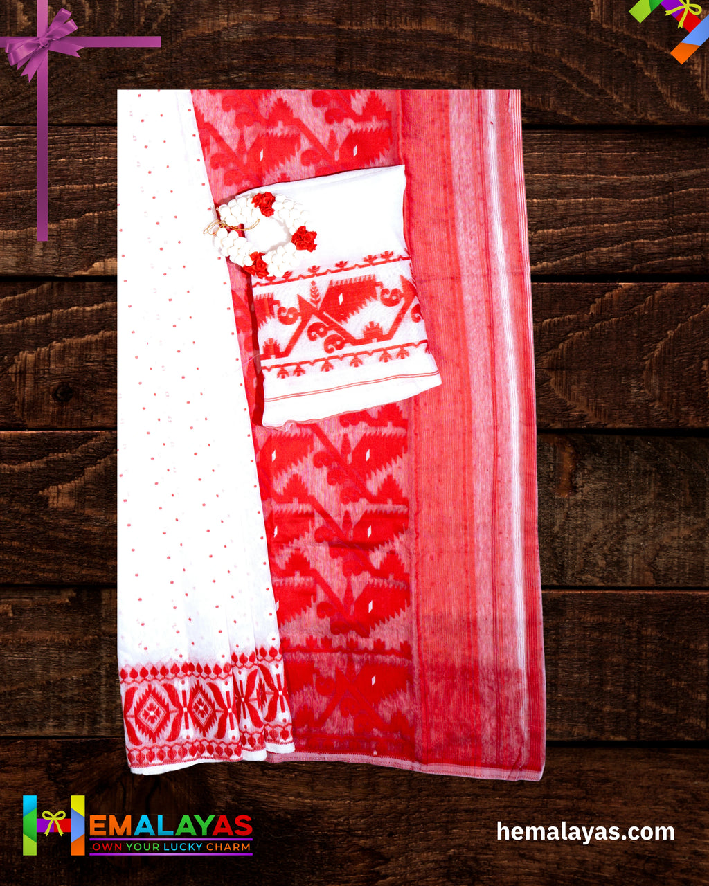White Dhakai Jamdani Saree with Red Minakari Border