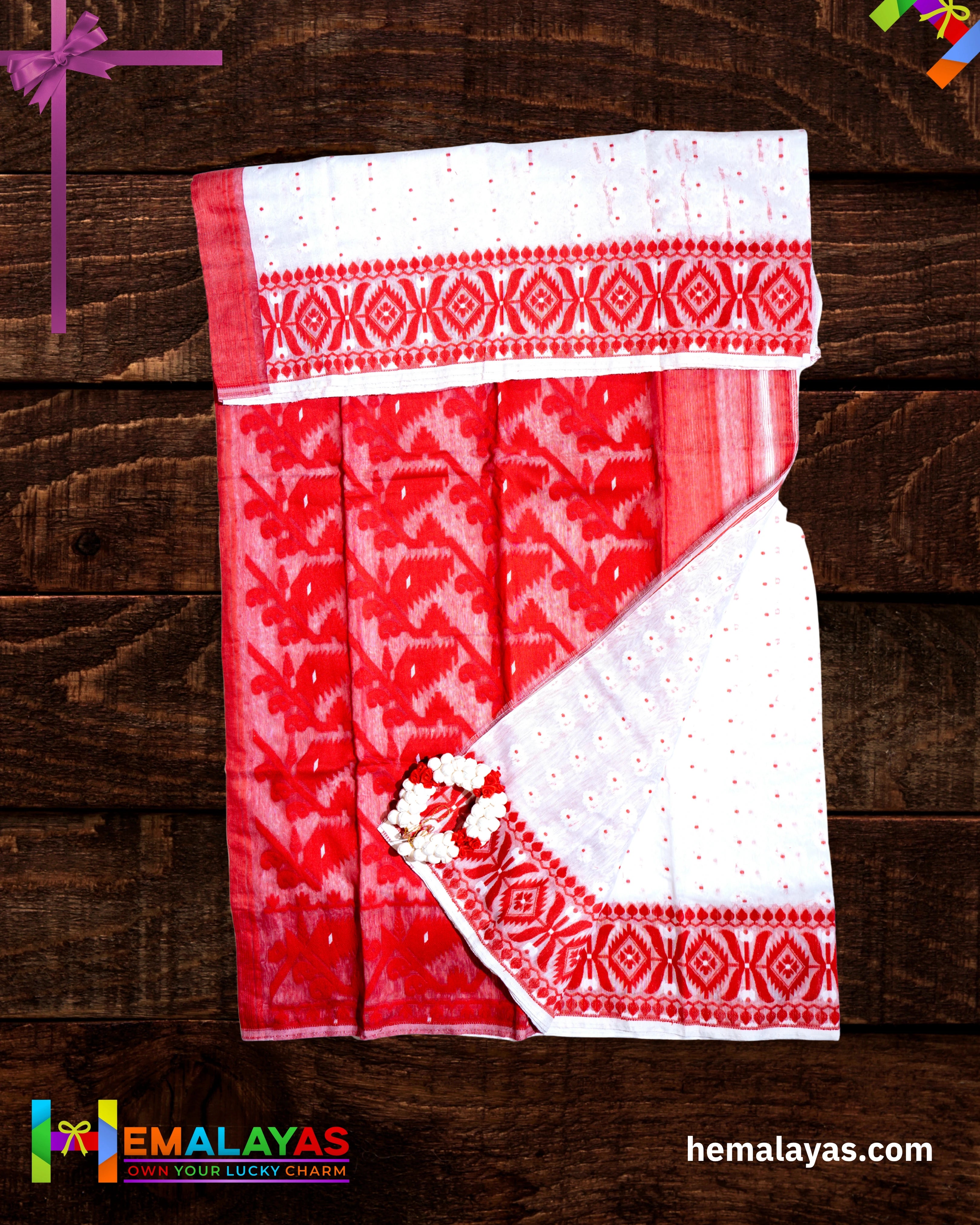 White Dhakai Jamdani Saree with Red Minakari Border