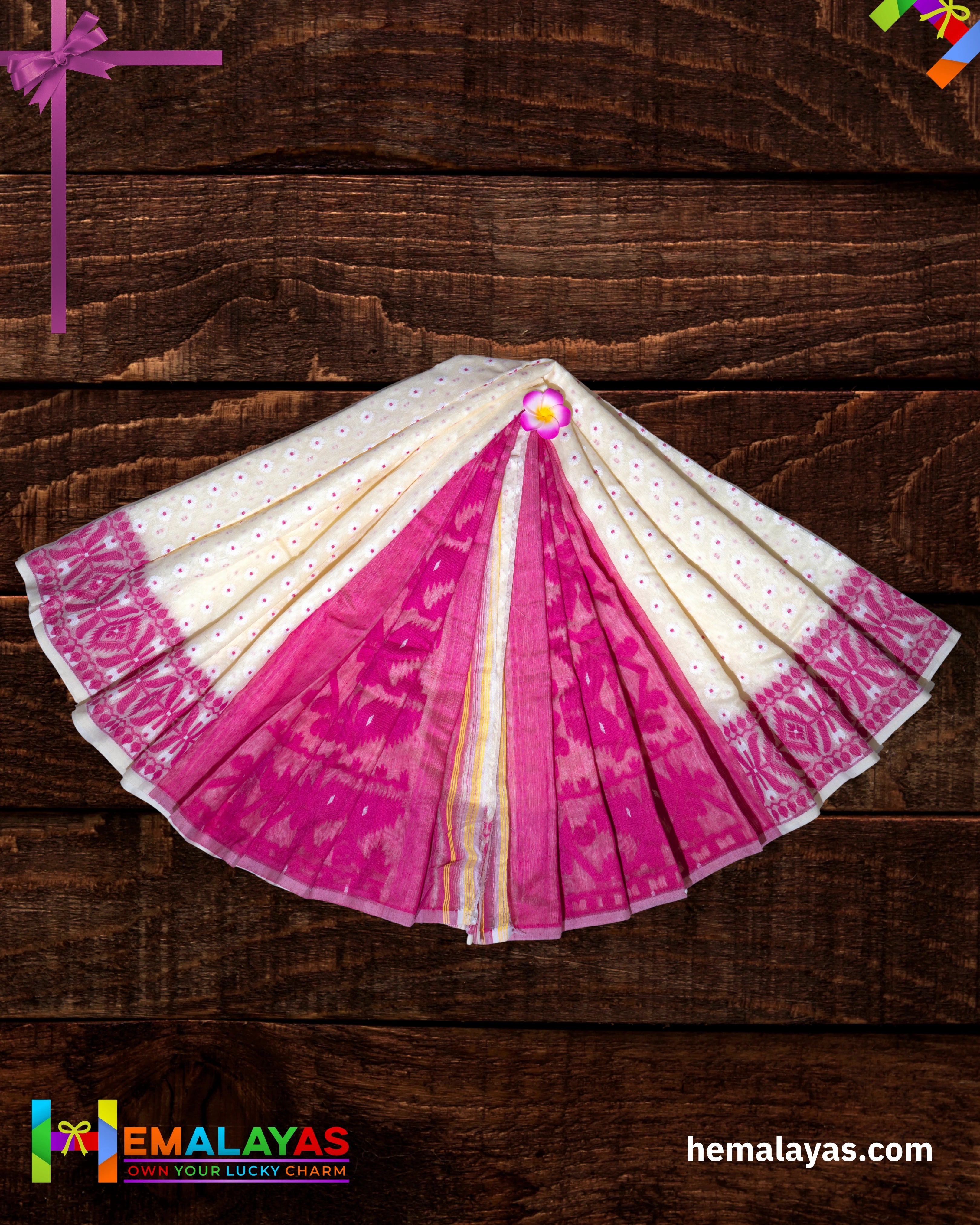 White Dhakai Jamdani Saree with Pink Minakari Border