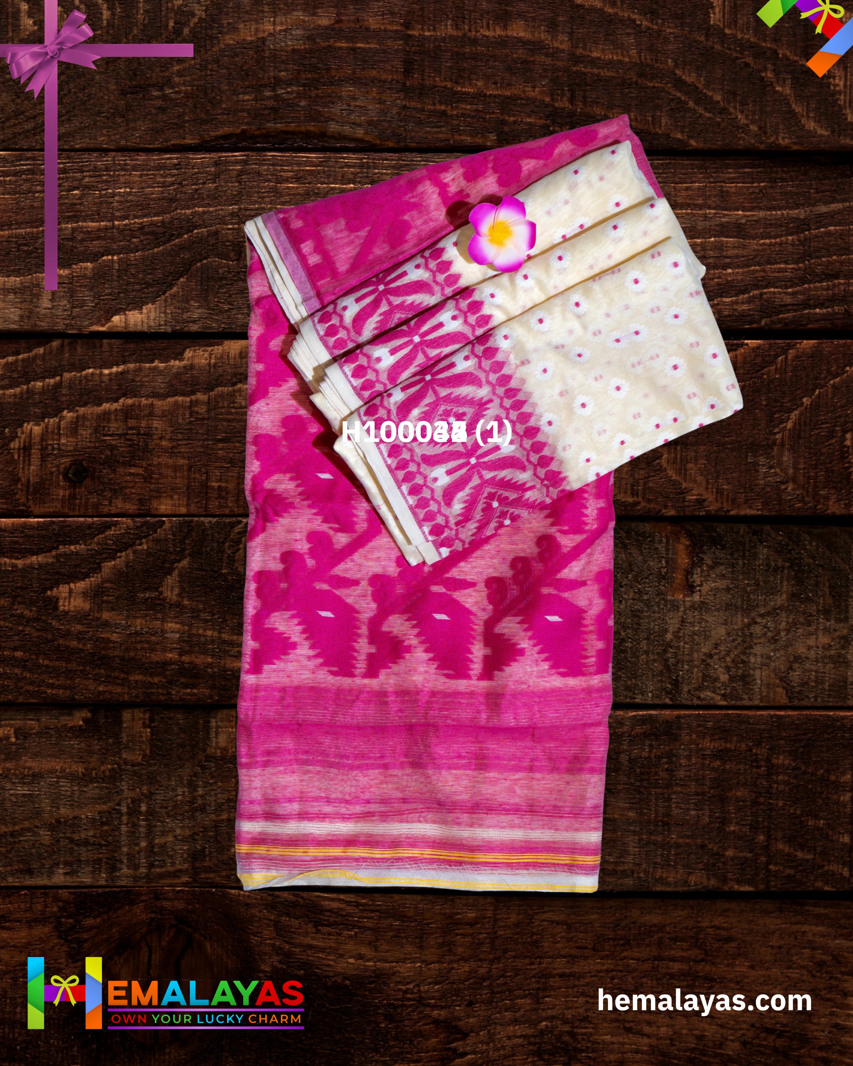 White Dhakai Jamdani Saree with Pink Minakari Border