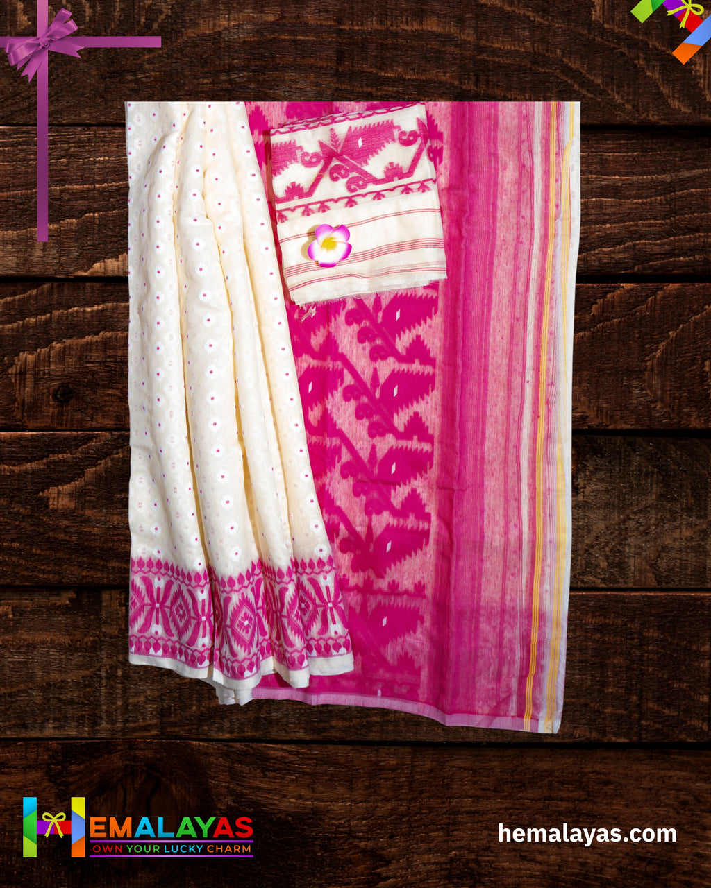 White Dhakai Jamdani Saree with Pink Minakari Border