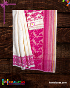 White Dhakai Jamdani Saree with Pink Minakari Border