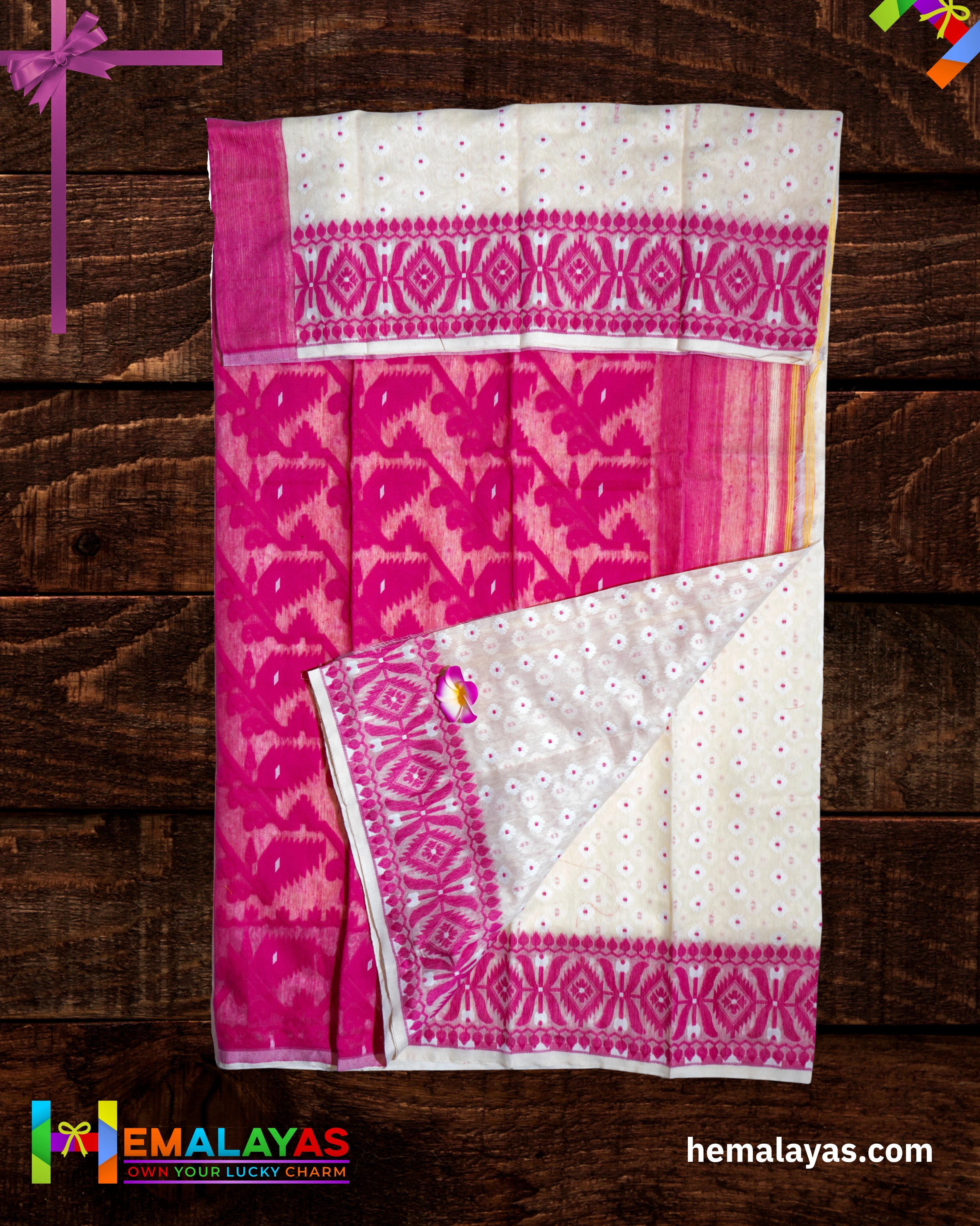 White Dhakai Jamdani Saree with Pink Minakari Border