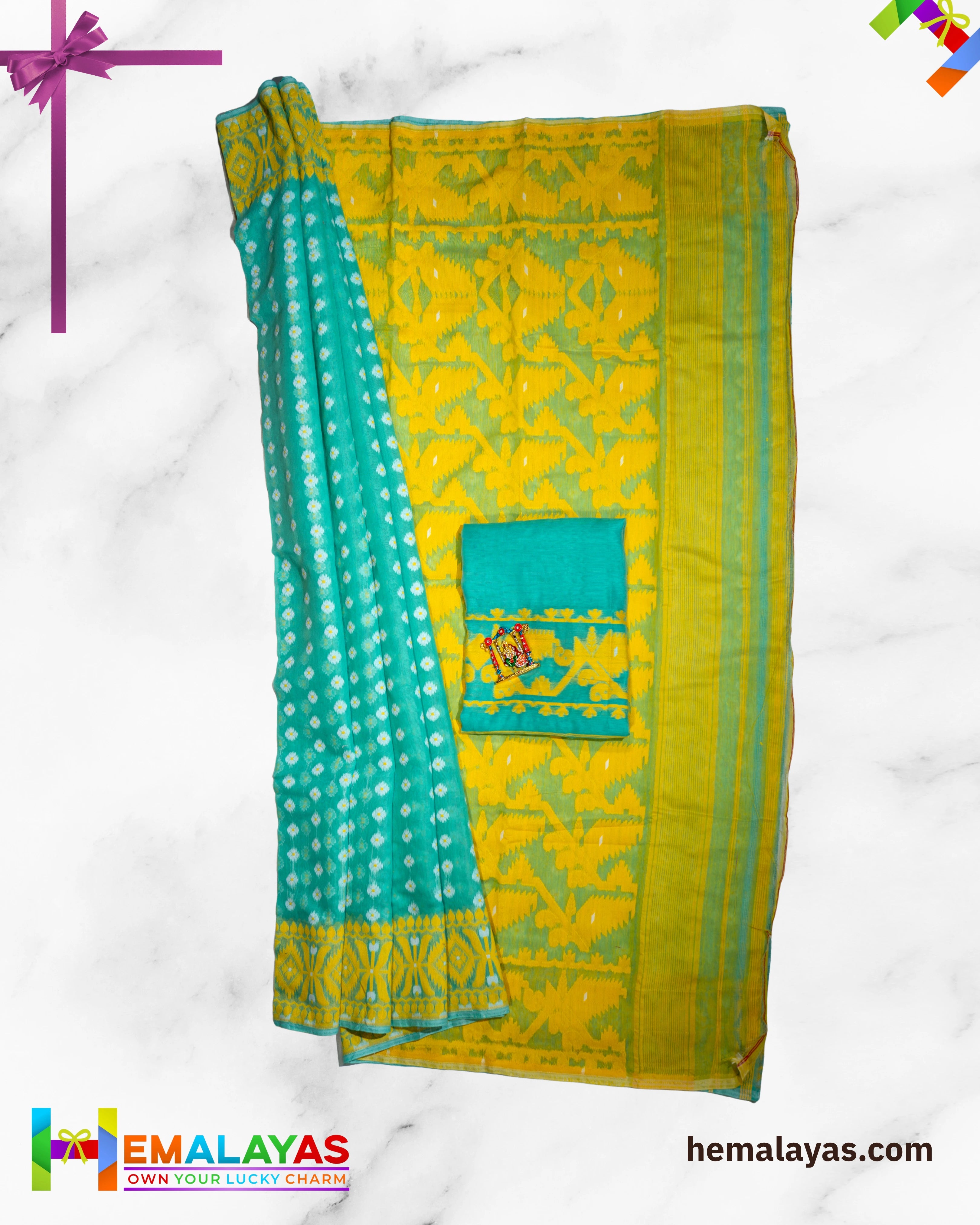 Sea Green Dhakai Jamdani Saree with Yellow Minakari Border