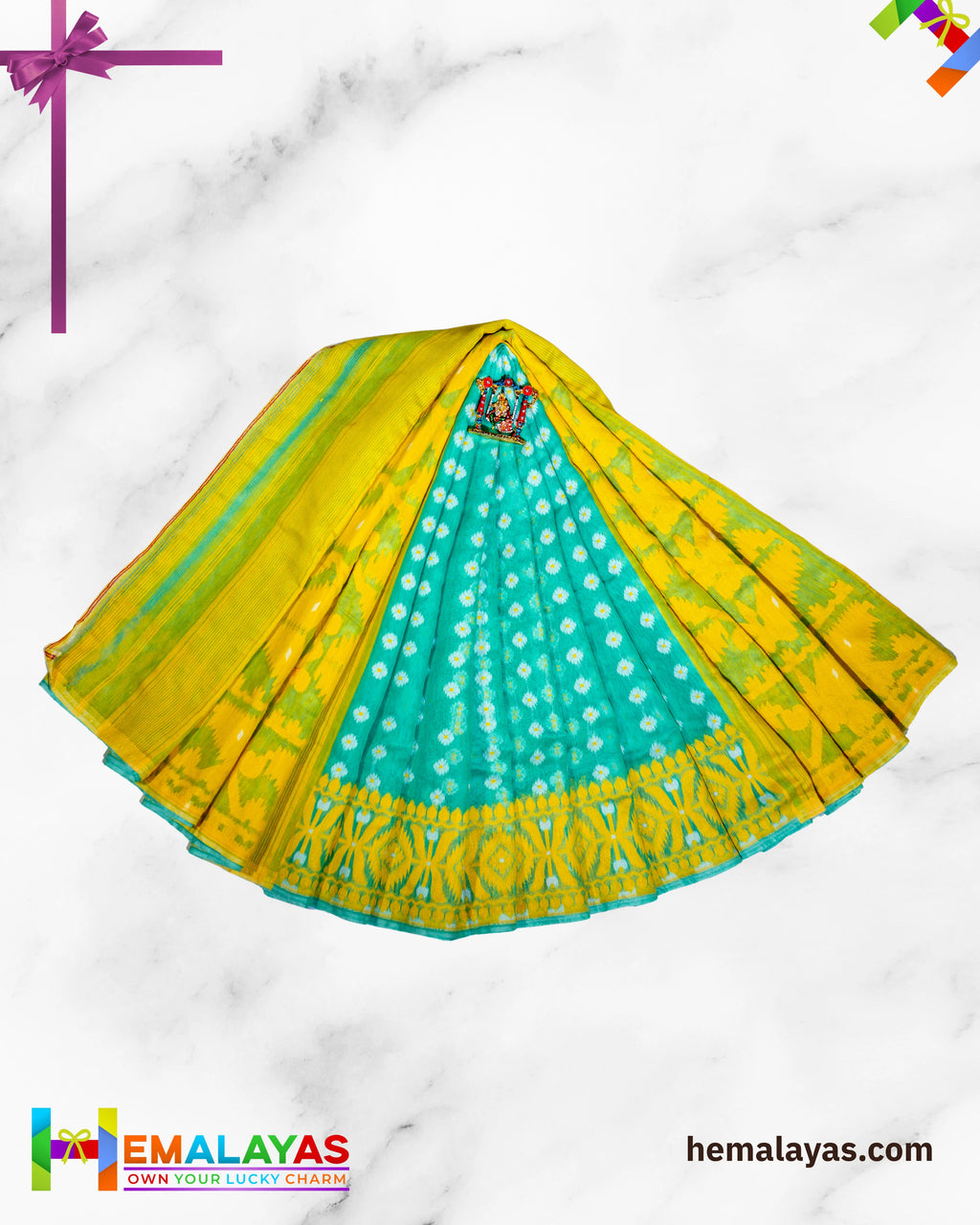 Sea Green Dhakai Jamdani Saree with Yellow Minakari Border