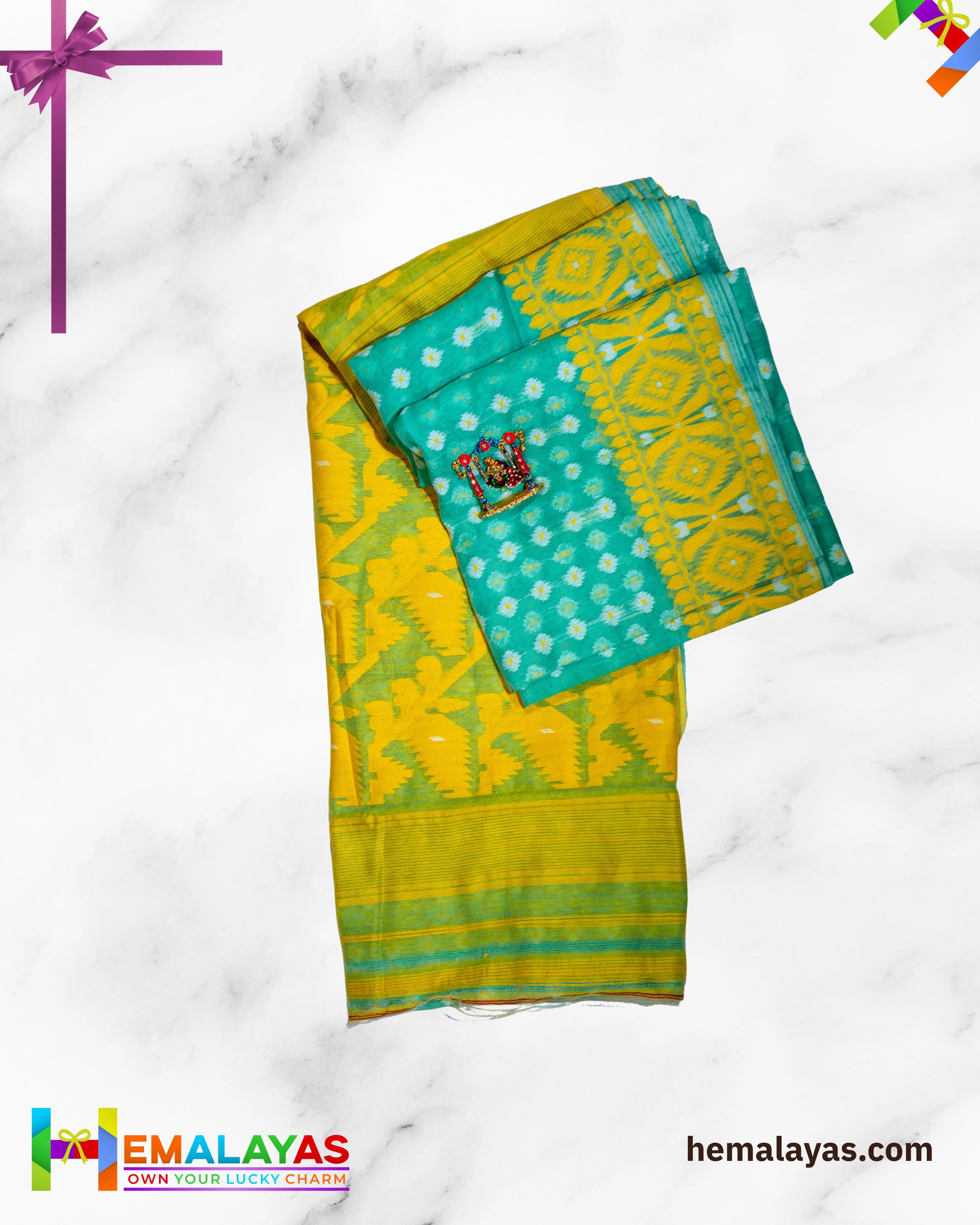 Sea Green Dhakai Jamdani Saree with Yellow Minakari Border