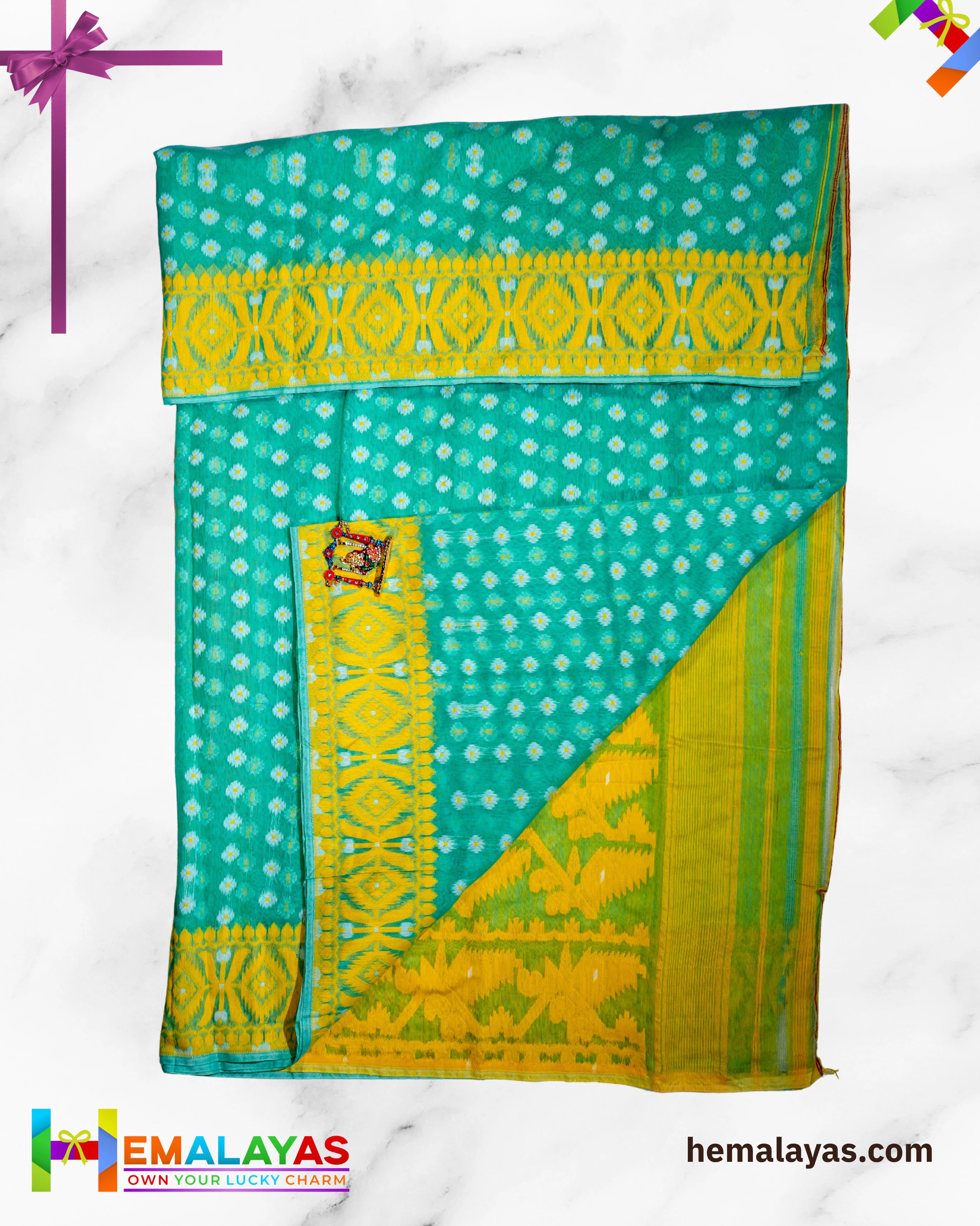 Sea Green Dhakai Jamdani Saree with Yellow Minakari Border