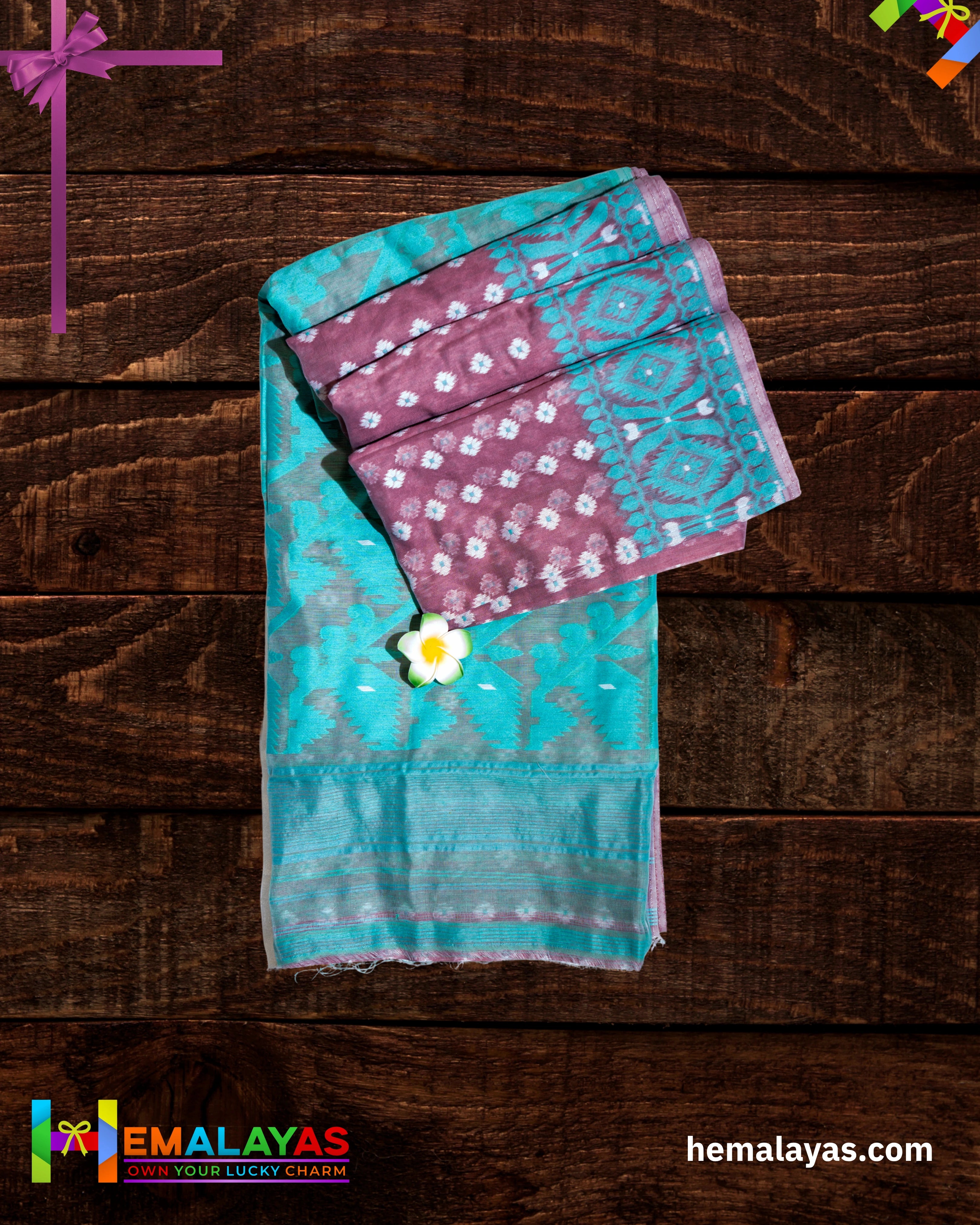 Pink Dhakai Jamdani Saree with Aqua Minakari Border