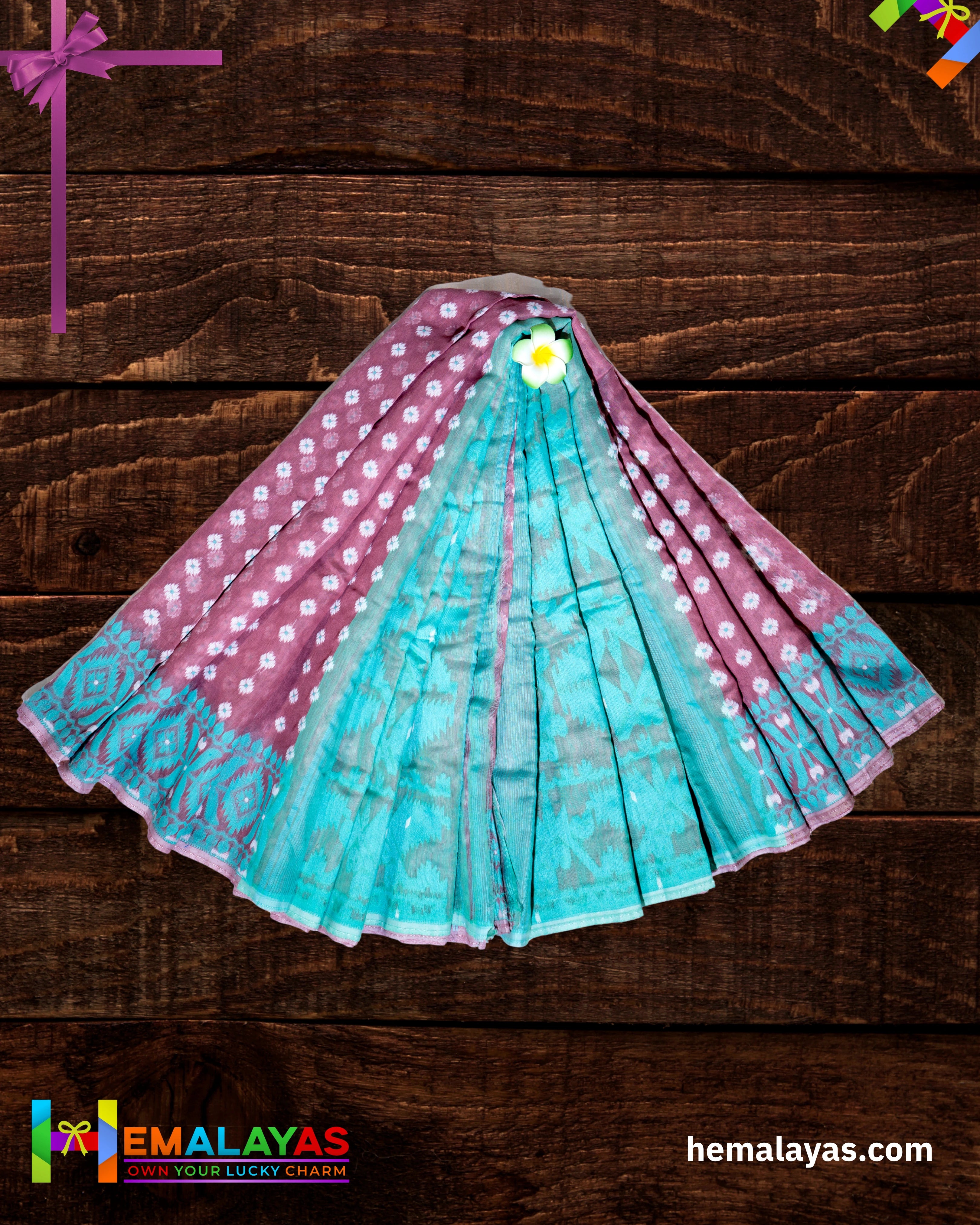 Pink Dhakai Jamdani Saree with Aqua Minakari Border