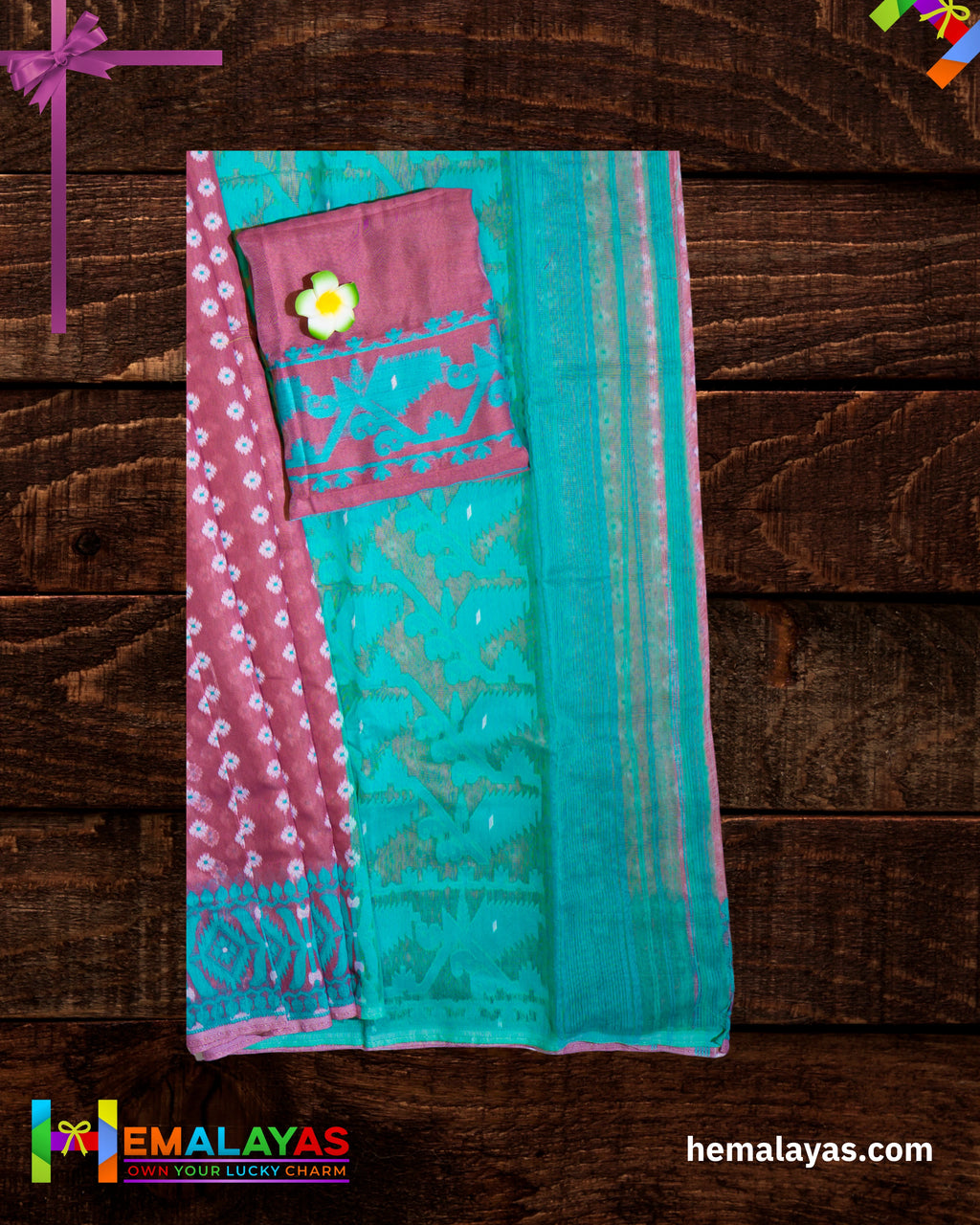 Pink Dhakai Jamdani Saree with Aqua Minakari Border