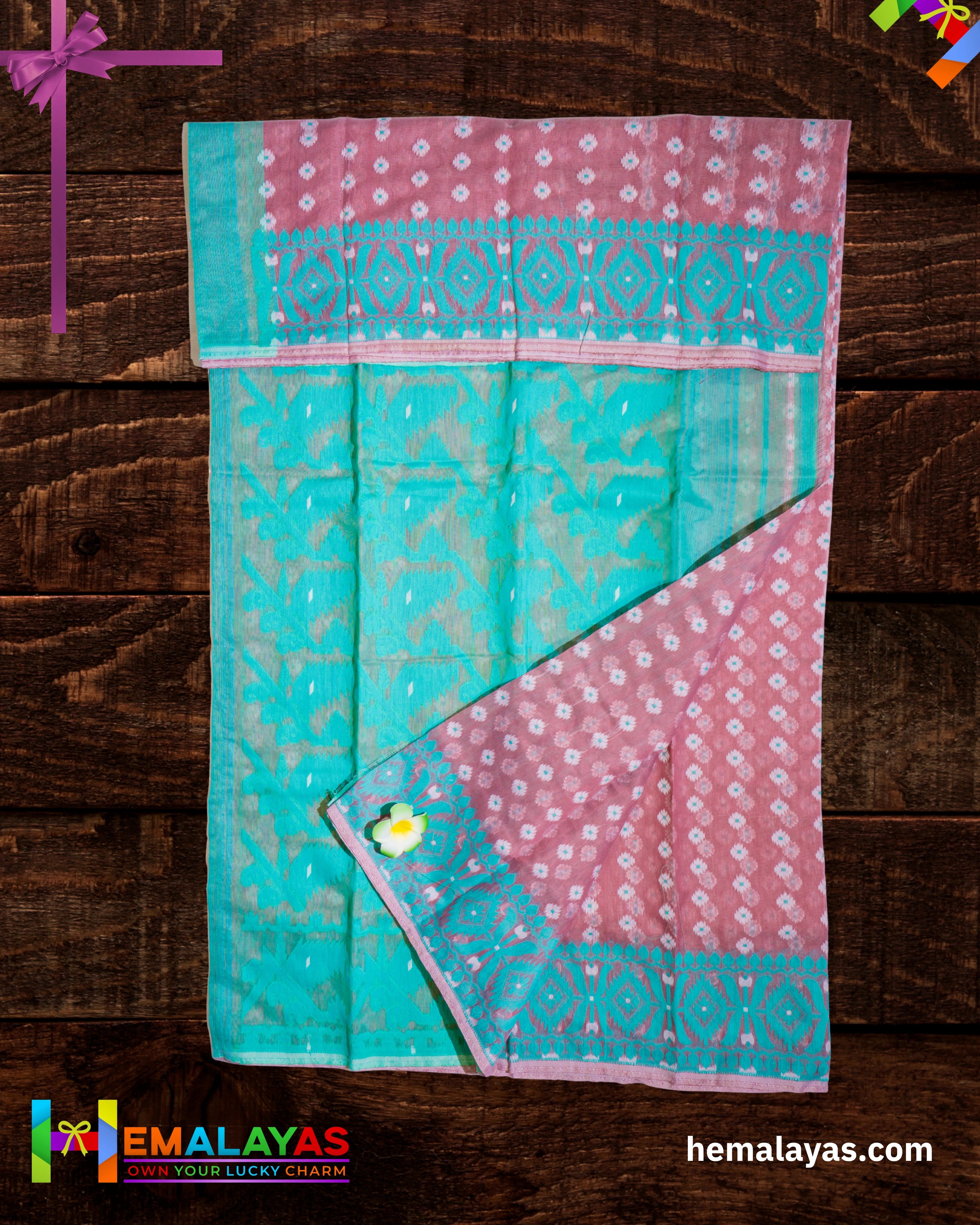 Pink Dhakai Jamdani Saree with Aqua Minakari Border
