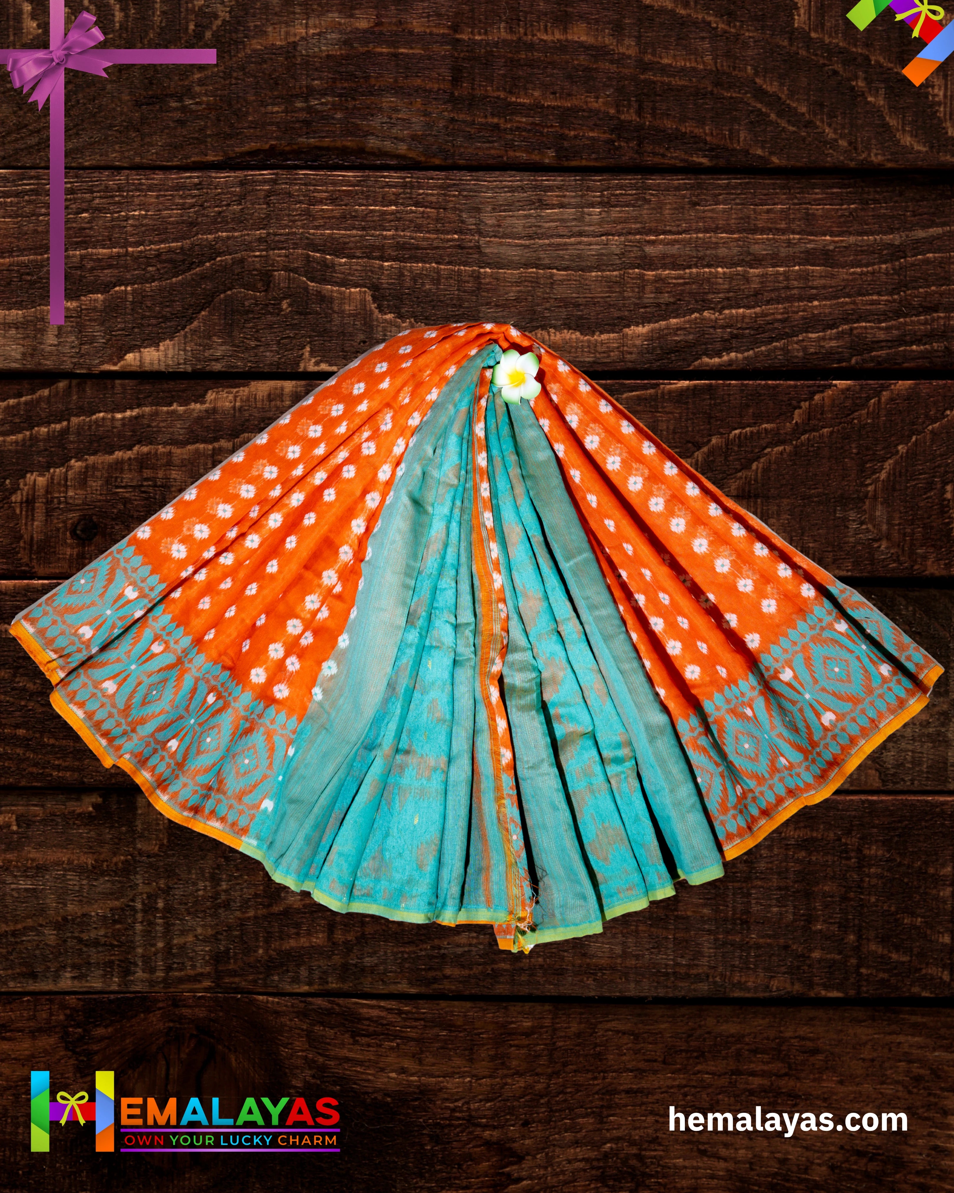Vibrant Orange Dhakai Jamdani Saree with Aqua Minakari Border