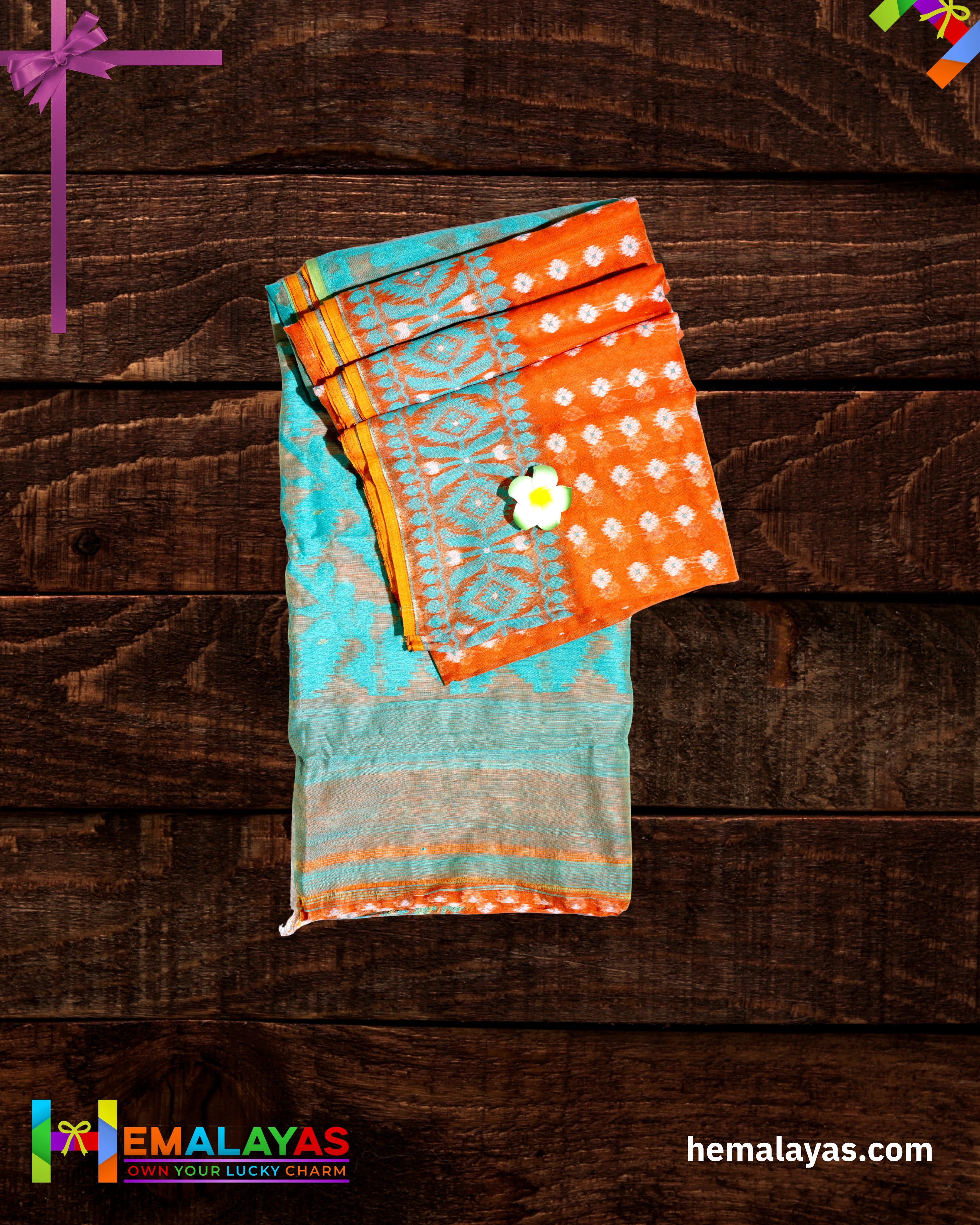Vibrant Orange Dhakai Jamdani Saree with Aqua Minakari Border
