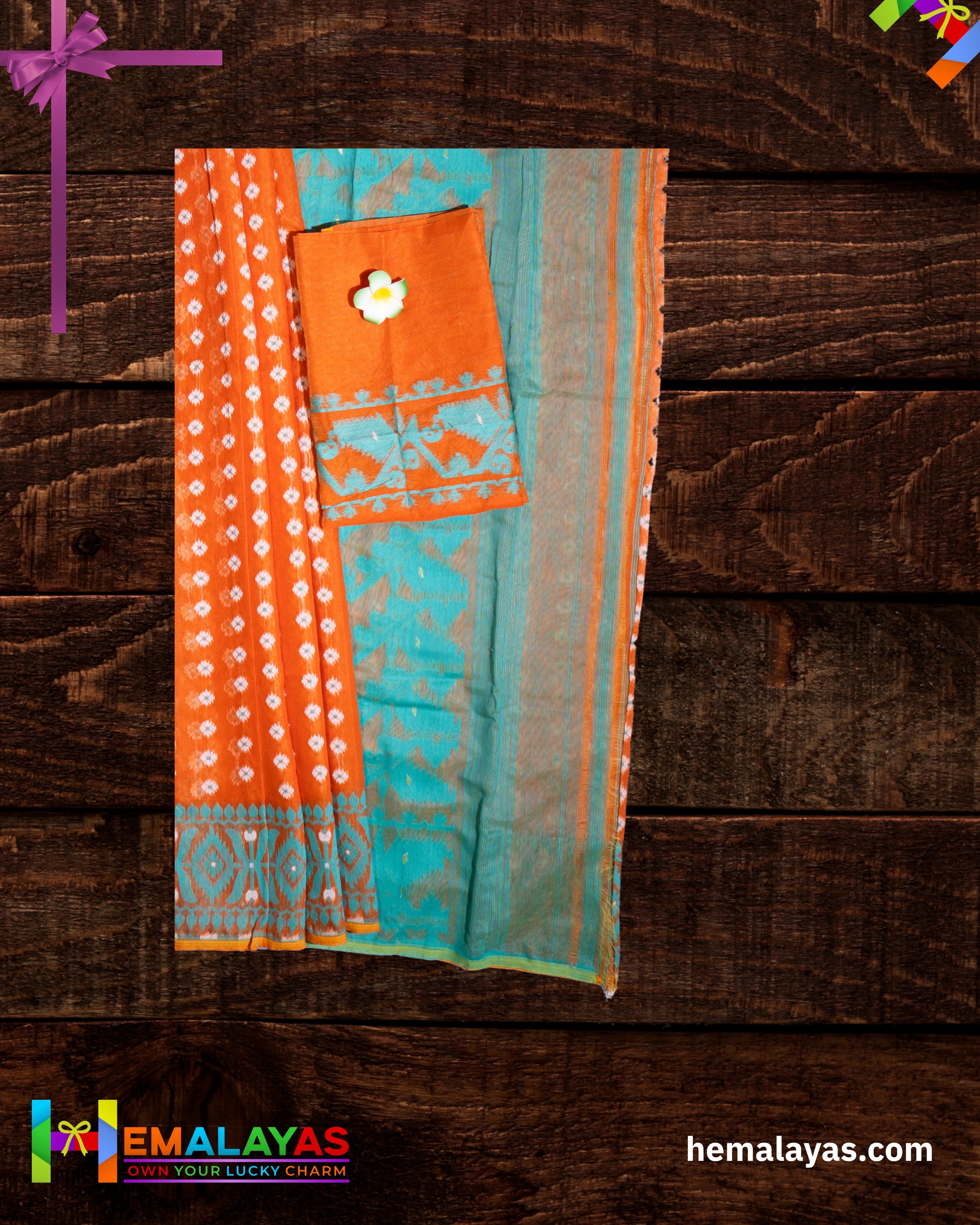 Vibrant Orange Dhakai Jamdani Saree with Aqua Minakari Border