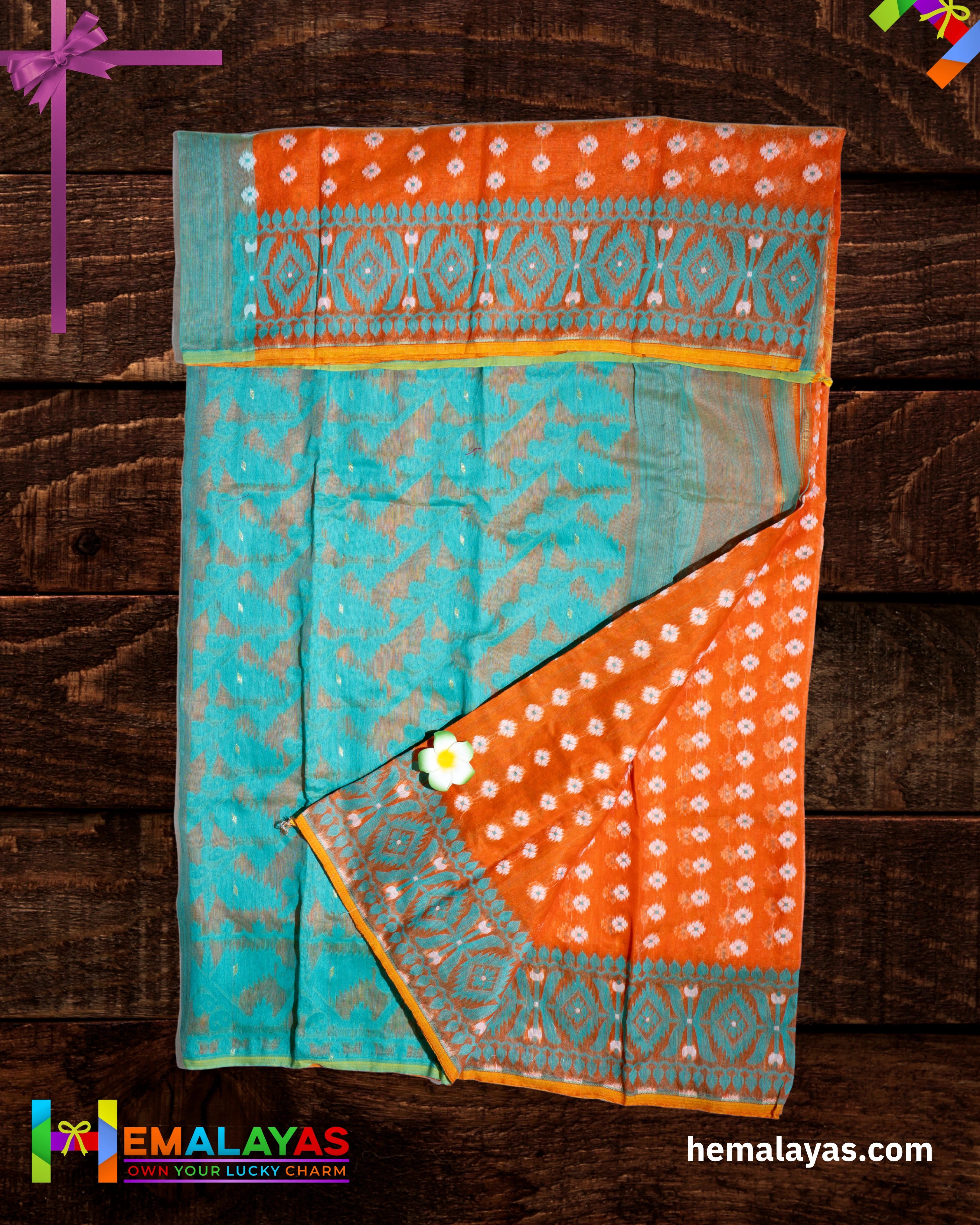 Vibrant Orange Dhakai Jamdani Saree with Aqua Minakari Border