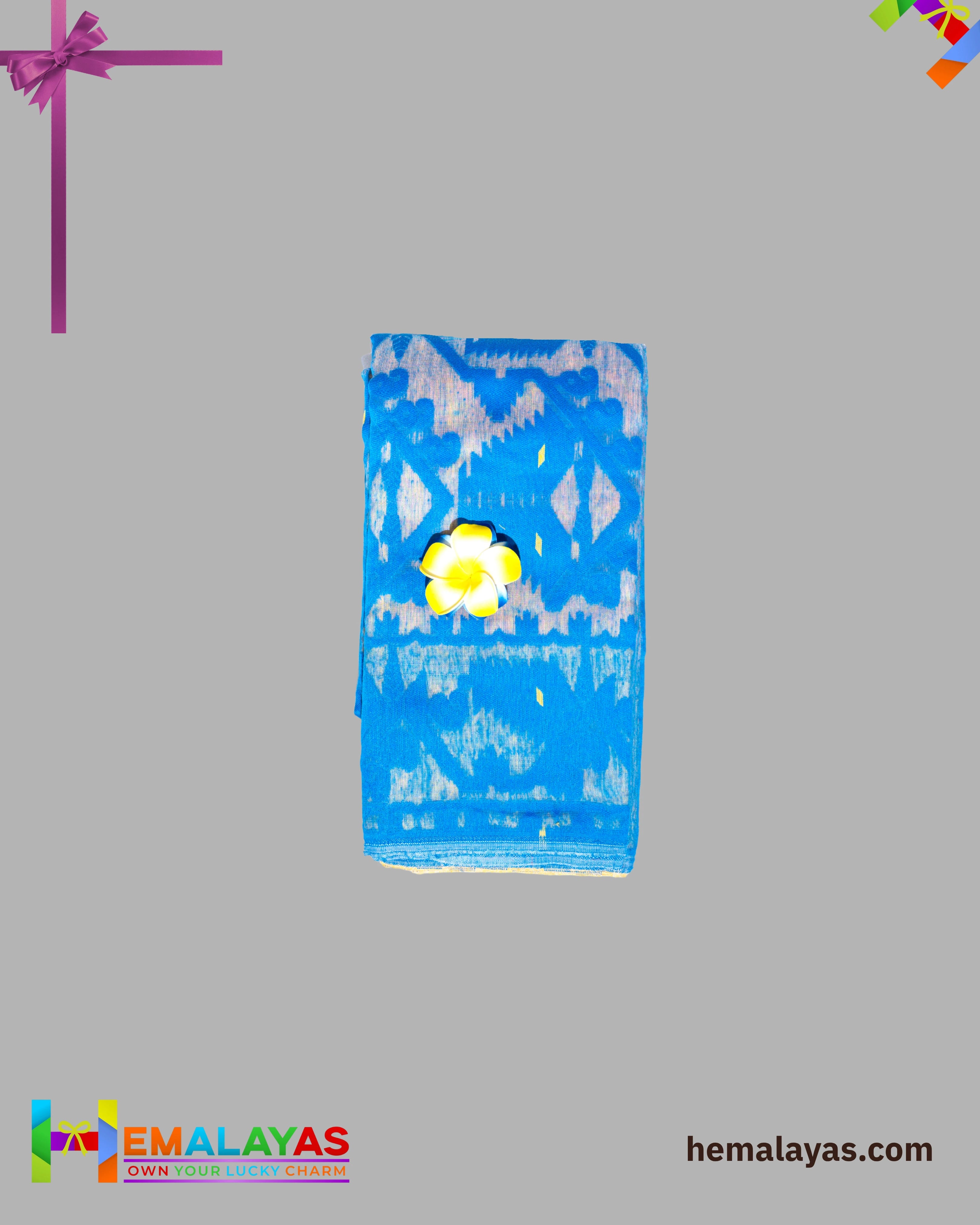 Bright Yellow Dhakai Jamdani Saree with Royal Blue Minakari Border